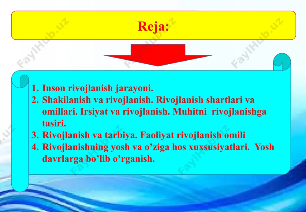 y munosabatlar jarayonidagi ishtiroki natijasida shakllana boradi. kadrlar tayyorlash milliy modelida shaxs kadrlar tayyorlash tizimining bosh subyekti va obyekti, ta’lim sohasidagi xizmatlarining istepmolchisi va ularni amalga oshiruvchi sifatida ta`riflanadi. . rivojlanishning o’zi nima? rivoilanish shaxsning fiziologik va intellektual o’sishida namoyon bo’ladigan miqdor va sifat o’zgarishlar mohiyatini ifoda etuvchi murakkab jarayondir. rivojlanish mohiyatan oddiydan murakkabga, quyidan yuqoriga, eski sifatlardan yangi holatlarga o’tish, yangilanish, yangining paydo bo’lishi, eskining yo’qolib borishi, miqdor o’zgarishining sifat o’zgarishiga o’tishini ifodalaydi. rivojlanishning manbayi qarama-qarshiliklarning o’rtasidagi kurashdan iboratdir. bola shaxsining rivojlanishi inson iitimoiv maviudotdir degan falsafiy ta’limotga asoslanadi. ayni vaqtda inson tirik, biologik mavjudot hamdir. demak, uning rivojlanishida tabiat rivojlanishining qonuniyatlari ham muhim ahamiyatga ega. shuningdek, shaxs bir butun mavjudot sifatida baholanar ekan, uning rivojlanishiga biologik va iitimoiv qonuniyatlar birgalikda ta`sir etadi, ularni bir-biridan ajratib bo’lmaydi. chunki shaxsning faoliyati, hayot tarziga yoshi, bilimi, turmush tajribasi bilan birga boshqa fojiali holatlar, kasalliklar ham ta`sir etadi. inson butun umri davomida …