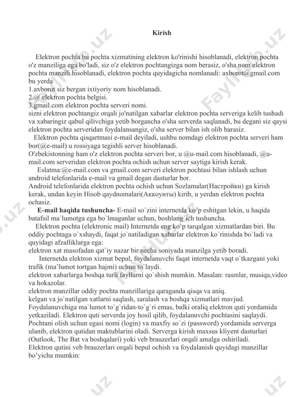 ngi davri boshlandi. email qanday paydo bo`lgan? ko`plab texnologik yangiliklar singari elektron pochta ham harbiy tadqiqotlar mahsuli hisoblanadi. 60-yillar yakunida rey tomlinson yangi tadqiqot ustida ish olib bordi. olib borilayotgan ishning mazmun-mohiyati harbiy aloqa tarmog`i, internetning ilk shakli — arpanet bilan bog`liq yangi texnologiyani yaratish edi. rey ehm uchun fayllar uzatish dasturini yozdi. keyinroq fayllarni uzatish sohasida tajribaga ega tomlinsonga sndmsg nomli dasturni modifikatsiya qilish topshirildi. amaldagi dasturda oddiy xabarlarni o`zaro almashish bitta komputerda amalga oshirilishi mumkin edi, xolos. tomlinsonga yuklatilgan vazifa — xabarlarni bir komputerdan ikkinchisiga jo‘natishni ta`minlash edi. azifa 1971 yilning oktabrida muvaffaqiyatli bajarildi. yoddan chiqarmaslik kerak, bu davrda komputerlar juda qimmat bo`lib, oddiy aholi undan foydalanish imkoniga ega emasdi. bir necha yillar o`tib, tomlinson the times jurnaliga bergan intervusida ilk xabar qanday ko`rinishda bo‘lganini eslolmasligini aytadi, balki u shunchaki harflar yig`indisi, masalan, qwerty shaklida bo`lgan bo`lishi mumkin. birinchi xatlar almashinuvi amalga oshirilgan ikki komputerning oralig`i bir metr …
