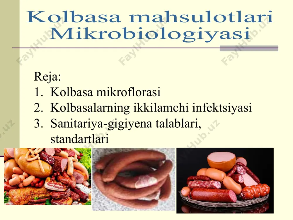 osil qiluvchi bakteriyalar saqlanib qoladi. qolgan mikroflora quyidagilarga bog'liq: -issiqlik bilan ishlov berishdan oldin maydalangan kolbasadagi mikroblar soni; -qiyma go'shtdagi yog' miqdori. kolbasalarning ikkilamchi infektsiyasi -kolbasa mahsulotlarini saqlash vaqtida yuzaga keladi; -bakteriyalar sonining ko'payishi bilan xarakterlanadi; -saqlash harorati va nisbiy namlikka bog'liq. dudlangan (pishirilmagan, quruq quritilgan) kolbasa qiyma go'shtni pishib etish jarayonida tuz va atrof muhitga chidamli materiallar ishtirok etadi: - mikrokokklar; - gomoenzim sut kislotasi bakteriyalari; - geteroferment sut kislotasi bakteriyalari. qiyma etukligining oxiriga kelib, ularning soni gramm boshiga millionlab hujayralarga etadi. sut kislotasi bakteriyalari: psevdomonadalarni, koliformlarni siqib chiqaradigan antibiotik moddalarni ajratadi . denitrifikator mikrokokklar bilan birga micrococcus caseoliticus kolbasa rangini saqlang. - streptokokklar va pediokokklar - tuzga chidamli. sanitariya-gigiyena talablari, standartlari bakterial ifloslanish: qaynatilgan kolbasa - 1 g uchun 10³ , yarim dudlangan kolbasa - 10² , jigar kolbasalari - kolbasa mahsulotlarining bakterial ifloslanishining ruxsat etilgan darajasi standartlashtirilgan , ularning soni gramm boshiga 10³ hujayradan oshmasligi kerak deb …