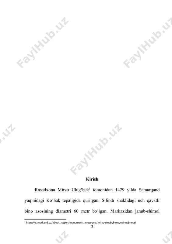 rixiy obidalarni keng koʻlamli kapital ta’mirlash va qayta tiklash ishlari amalga oshirildi. muzey mirzo ulugʻbek hayoti va ijodi, ilmiy izlanishlari, oʻsha davr astronomiya va matematikasi haqida hikoya qiladi. bundan tashqari muzeyda tarixiy astronomiya va riyoziyot asbob-uskunalari, asboblarini ko'zdan kechirish mumkin. mazkur muzeyda tarixiy kitoblar hamda qoʻlyozmalar, rasadxona va uning atrofidagi hududlar xarobalari, jumladan afrosiyobdan topilgan eksponatlar, samarqand va oʻzbekistonning boshqa bir qator meʼmoriy yodgorliklarining kichraytirilgan maketlari, jumladan buxoro va shahrisabzning ayrim meʼmoriy yodgorliklari va boshqa eksponatlarni tomosha qilishingiz mumkin. mirzo ulugʻbek memorial muzeyi ulugʻbek rasadxonasi ulugʻbek rasadxonasi - samarqanddagi 15-asr meʼmorchiligining nodir namunalaridan biri, koʻhna astronomik kuzatuv muassasasi.ulugʻbek farmoyishi bilan 1428 — 29 yilda koʻhak (choʻponota) tepaligida ulkan silindr shaklida bunyod etilgan; ayrim qoʻlyozmalar ("boburnoma")ga koʻra, bal. 30,4 m dan iborat 3 qavatli qilib qurilgan. unda oʻndan ortiq turli astronomik qurilma va asboblar bo'lgan. ulardan eng asosiysi radiusi 40,2 m li qoʻshaloq yoydan iborat kvadrant (yoki sekstantga yaqin) qurilma hisoblanadi. …