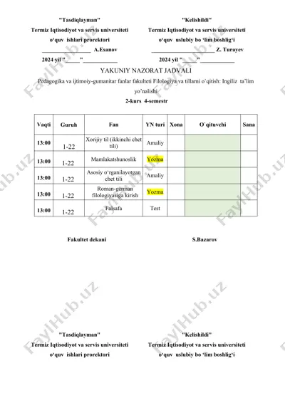 yakuniy nazorat jadvali — DOCX