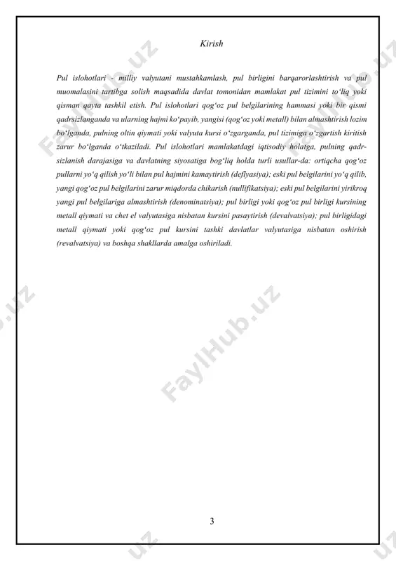 inlash uchun barcha zaruriy shart-sharoitlarni yaratish»1 alohida ahamiyatga ega. bu sharoit yaratilishi natijasida erkin almashuv amalga oshmoqda. shunday qilib, yuqorida qarab chiqilgan chora va tadbirlarning muvaffaqiyatli amalga oshirilishi milliy valutamiz almashuv kursining barqarorlashuviga, uning xarid qilish quvvatining oshishiga ijobiy ta’sir ko‘rsatdi. mamlakatimizda o‘tkazilayotgan nafaqat iqtisodiy, balki ijtimoiy sohalardagi islohotlardan ham asosiy ko‘zlangan maqsad barcha o‘zgarishlarning natijasi va belgisi milliy valutamiz – so‘mimizni mustahkamlash, uni bosqichma-bosqich jahonning kuchli valutalari bilan konvertatsiyalashga, ya’ni erkin almashuviga erishishdir. pul islohotlari - milliy valyutani mustahkamlash, pul birligini barqarorlashtirish va pul muomalasini tartibga solish maqsadida davlat tomonidan mamlakat pul tizimini toʻliq yoki qisman qayta tashkil etish. pul islohotlari qogʻoz pul belgilarining hammasi yoki bir qismi qadrsizlanganda va ularning hajmi koʻpayib, yangisi (qogʻoz yoki metall) bilan almashtirish lozim boʻlganda, pulning oltin qiymati yoki valyuta kursi oʻzgarganda, pul tizimiga oʻzgartish kiritish zarur boʻlganda oʻtkaziladi. pul islohotlari mamlakatdagi iqtisodiy holatga, pulning qadr-sizlanish darajasiga va davlatning siyosatiga bogʻliq holda turli …