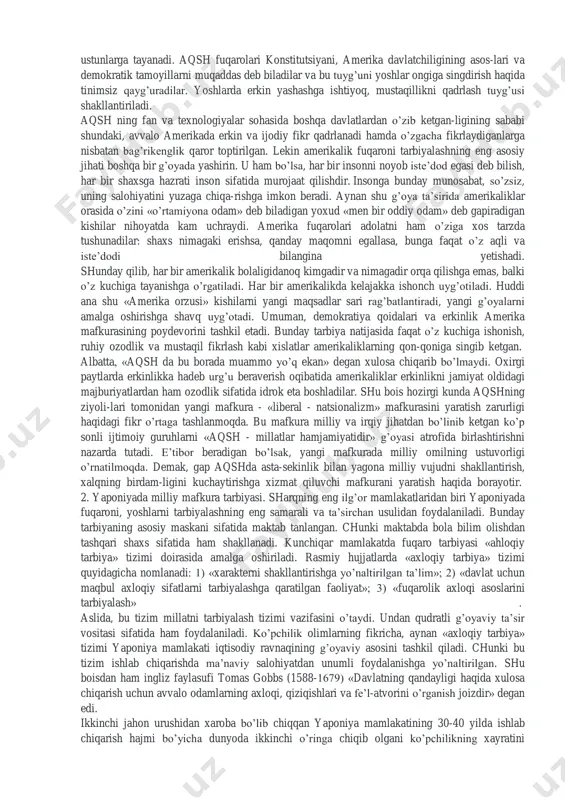 t kasb etishi, bu davr uzluksiz ta‘lim va tarbiyaning muhim bosqichi ekanini anglab yetishi nihoyatda muhim. bunda oilaning ta‘lim muassasalari tizimiga izchil uyg‘unlashuviga erishish zarur. bu davrdagi barcha bevosita ta‘lim beruvchi muassasalar (maktablar, litsey, kasb-hunar kollej-lari, oliy o‘quv yurtlari) mafkuraviy tarbiyaning asosiy o‘choqlaridir. ularning barchasida amalga oshiriladigan mafkuraviy ta‘lim jarayonida, barcha o‘quv qo‘llanmalari va darsliklar, qo‘shimcha adabiyotlarda quyidagi omillar ustuvor ahamiyat kasb etishi lozim: - vatantuyg‘usinishakllantirish; -ona tilimizga muhabbat uyg‘otish; - milliy qadriyatlarga hurmatni kuchaytirish; - ezgulik timsoli bo‘lgan ayolni ulug‘lash; - oilaning vatanparvarlik hissini tarbiyalashdagi rolini ko‘rsatish; - mahallaning demokratiya darsxonasi va o‘z-o‘zini boshqarish maktabi ekanini tushuntirish va hokazo. sotsiolog, vrach, psixolog, radikal freydizm yo‘nalishi vakali rayx vilьgelьm (1897- 1957) fikricha, «ko‘r-ko‘rona va avtoritar (diktaturaviy) tarbiya bois yoshlar ishonuvchan bo‘lib qoladilar hamda tanqidiy qobiliya-tidan mosuvo bo‘ladilar». milliy g‘oyani inson ongi va qalbiga singdirish targ‘ibot-tashviqot orqali amalga oshiriladi. targ‘ibot (uning o‘zak so‘zi, «rag‘bat») - u insonni biror harakatga rag‘batlantirishni nazarda …