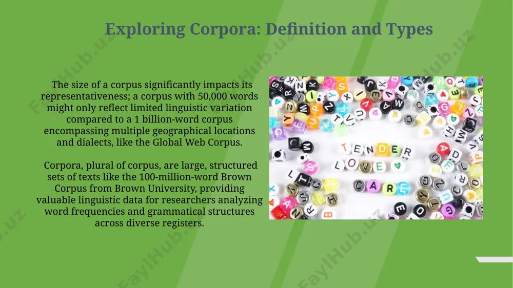 geographical locations like india and brazil to improve machine translation accuracy and cross-lingual understanding, potentially leading to better nlp models. comparing texts, dictionaries, and corpora analyzing shakespeare's texts against the oxford english dictionary and a contemporary corpus highlights the evolution of word senses and usage across 400 years, revealing about 10% of words with completely different meanings. dictionaries provide prescriptive definitions, while corpora offer descriptive data reflecting actual language use in places like australia, showing variations in 500+ word meanings across geographical regions. thank you for your attention @taqdimot_robot image1.jpg image2.jpg image3.jpg image4.jpg image5.jpg image6.jpg image7.jpg image8.jpg image9.jpg image10.jpg image11.jpg image12.jpg