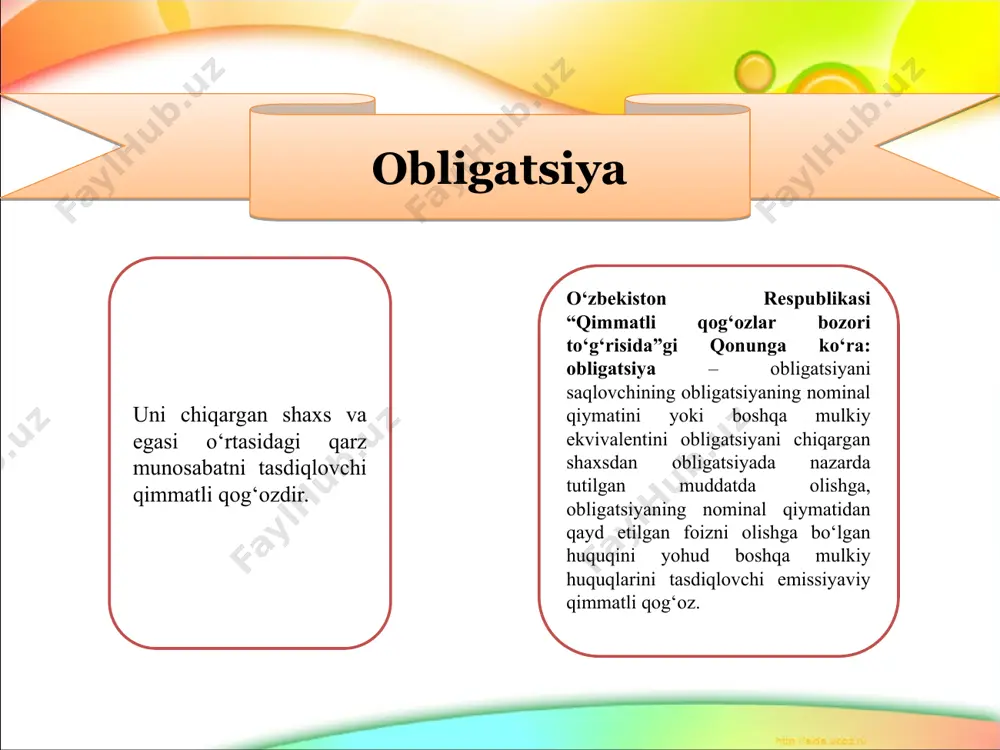 tavkali obligatsiyalar - suzib yuruvchi kupon stavkali obligatsiyalar - muomala muddati davomida kupon foiz stavkasi bir xil oshib boruvchi (indeksli) obligatsiyalar - minimal yoki nol kuponli obligatsiyalar (daromadlilik joylashtirish (bozor) bahosi nominal qiymatdan keli chiqib belgilanuvchi obligatsiyalar) - to‘lov tanlovli obligatsiyalar - kupon stavka yoki suzib yuruvchi stavka bo‘yicha daromad to‘lanuvchi aralash turdagi obligatsiyalar muomala xarakteri bo‘yicha - konvert obligatsiyalar - aktsiyalarga konvertatsiyalanishi mumkin bo‘lgan obligatsiyalar qilingan investitsiyalar himoyalangan darajasi bo‘yicha - yuqori ta’minotga va nufuzga ega kompaniyalar tomonidan emissiya qilingan ishonchli obligatsiyalar - ishonch nihoyatda past spekulyativ xarakterga ega obligatsiyalar xalqaro tajribaga koʻra obligatsiyalarning turli xil turlari amal qilishiga qaramasdan ularni daromad toʻlash shakllari boʻyicha quyidagicha uchta tur keng qoʻllaniladi: kuponli obligatsiya qiymati quyidagi formula boʻyicha aniqlanishi mumkin: suveren xalqaro obligatsiyalarini jahon moliyaviy bozorlarida joylashtirilishi mamlakatimizning iqtisodiy salohiyatini xalqaro investorlarga batafsil namoyish etib, xorijiy investorlar uchun respublikamizga investitsiya kiritishda suveren riskini to’g’ri baholash uchun imkoniyat yaratdi. mamlakatimizda yetarli darajada …