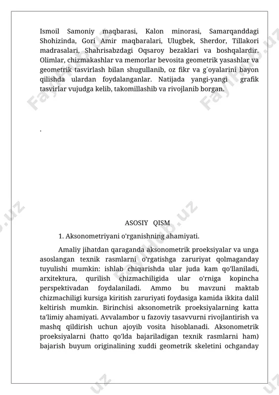 larini o'rgatish. maktab chizmachilik kursida o'quvchilar aksonometrik proeksiya-ning ikki turi-qiyshiq burchakli dimetrik proeksiyalar va to'g'ri burchakli izometrik proeksiyalarni o'rganadilar. ma'lumki, kasb-hunar kollejlarining muhandislik grafikasi fanlari chuqur o`rganiladigan yo`nlishlarida aksonometrik proekciyalar mavzusiga alohidama'ruza va amaliy mashg'ulotlar ajratiladi. shu yo'l bilan ushbu tasvir yasash usullarini chuqur nazariy asoslari o'rganiladi. yuqoridagilami hisobga olib mavzuni o'rganish metodika-siga birmuncha kengroq toxtalamiz. darsda aksonometrik va kompleks chizmalarni oquvchilar bilan birgalikda tahlil qilish o'quvchilarning mavzuni oson o'zlashtirishlariga hamda kompleks va aksonometrik tasvirlar osonlashtiradi. aksonometrik proektsiya mavzusini o'rgatishda ularni namoyish qiluvchi ko'rgazmalardan foydalanish. aksonometrik proeksiyalar mavzusini o'rganishda ulami namoyish qiluvchi ko`rgazmalardan foydalanilsa yaxshi natijalarga erishish mumkin (67-68-shakl ) qiyshiq burchakli frontal dimetrik proeksiyaning hosil bo'lishi model yordamida qiyshiq burchakli frontal dimetrik proeksiyani hosil qilish uchun predmetning oldingi qirrasi proeksiyalar tekisligiga parallel, proeksiyalovchi nurlar esa tekislikka o'tkir burchak ostida yo'naltiriladi. bu holda oldingi qirra tekislikka haqiqiy kattalikda proeksiyalanadi, yon va yuqorigi qirralarining kattaliklari esa o`zgaradi (67-shakl). agar predmetning qirralarini …