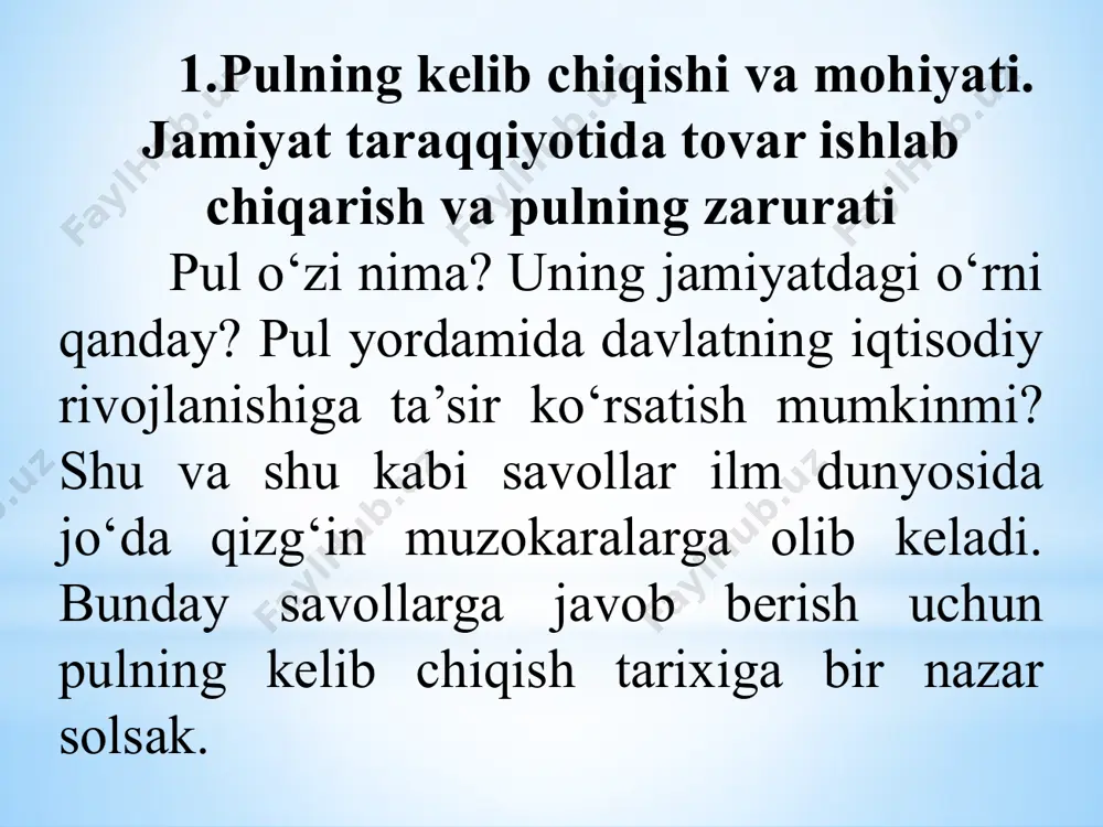 1 ta arava keyinroq o‘zaro kelishilgan holda, bir tovar bir necha tovarlarga almashtiriladigan bo‘lgan, ya’ni: 1 qop tuz 1 bosh qoramol 1 xum asal 2 ta bolta 5 bosh qo‘y 5 qop bug‘doy asta - sekinlik bilan tovarlar orasidan barcha tovarlarga ayirboshlana oladigan va hamma tovarlar qiymatini o‘zida ifoda eta oladigan maxsus tovar ajralib chiqqan. bu tovar har bir mamlakat yoki hududda iste’mol uchun eng zarur tovar bo‘lgan va barcha mahsulotlar uchun umumiy ekvivalentga aylangan. umumiy ekvivalent vazifasini turli mamlakatlarda turli tovarlar - qoramol, tuz, don, mo‘yna va boshqalar bajarganlar. tovar ishlab chiqarish va ayirboshlash jarayonining tobora rivojlanib borishi hududlar hamda mamlakatlar o‘rtasida savdo-sotiq va tovar ayirboshlash zaruratini yuzaga keltirgan. turli mamlakatlarda turli tovarlar umumiy ekvivalent hisoblanganligi esa bu jarayonga to‘sqinlik qila boshlagan. natijada butun tovarlar dunyosidan shunday tovar ajralib chiqqanki, u barcha hudud va mamlakatlarda umumiy ekvivalent sifatida qo‘llanila boshlagan. bu vazifani qimmatbaho metallar, avval mis va kumush, keyinchalik …