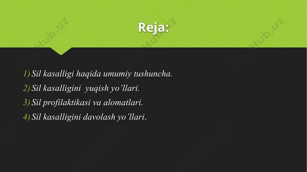 30 dan 40 darajagacha harorat. ko’cha changida mikrobakteriya o’zining yashab qolish qobiliyatini taxminan 10 kun saqlab qoladi. ammo tayoqcha ultrafiolet nurlarga sezgir- ularning ta’siri ostida sil qo’zg’atuvchisi bir necha daqiqalardan so’ng nobud bo’ladi. to’g’ri quyosh nurlari ta’siri ostida mikrobakteriya yarim soat davomida nobud bo’ladi. sil qanday yo’l bilan yuqadi? sil bakteriyalari havo-tomchi yo’li orqali yuqadi. ular sil bilan kasallangan insonlar organizmida ko’payadi. bunda sil uchun xos bo’lgan yallig’lanish paydo bo’ladi, shundan so’ng esa to’qimaning emirilishi ham vujudga keladi, kavak deb nomlanuvchi bo’shliqlar shakllanadi, ularning ichida millionlab sil bakteriyalari mavjuddir. ulardan yo’talganda, aksa urganda, gaplashganda sil bakteriyalari atrofdagi havoga ajralib chiqadi. sil bakteriyalari havoda ko’p vaqt davomida mavjud bo’lishi mumkin. agar silning ochiq shakli bilan og’rigan bemor uzoq vaqt davomida yomon shamollatiluvchi xonada o’tkazsa, bu havoda aylanib yurgan bakteriyalar shunchalik ko’payib ketadiki, ular bilan boshqa atrofdagi insonlar nafas olishni boshlaydi. bu sil bilan zararlanishning (yuqtirishning) havo-tomchi deb nomlanuvchi asosiy yo’li hisoblanadi. …