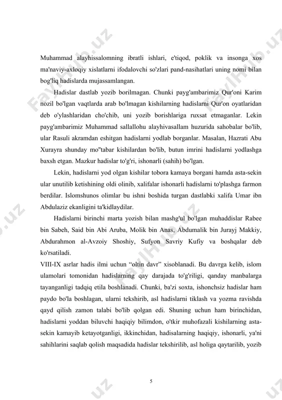 ahmad an-nasoiy 215 (830) - 303 (915), imom abu abdulloh muhammad ibn yazid ibn mojja 209 (824) - 273 (886) kabi allomalardir. olimlar “al-kutub as-sitta” (olti kitob) ni quyidagilardan iborat deb ko'rsatadilar. 1. abu abdulloh muhammad ibn ismoil al-buxoriy tomonidan yozilgan “as- sahih” 2.imom muslim an-nishopuriy (imom muslim ibn al-hajjoj) tomonidan yozilgan “as-sahih” 3. imom ibn mojja tomonidan yozilgan “sunnan” 4. imom abu dovud sulaymon-sijistoniy tomonidan yozilgan “sunnat” 5. imom ibn iso at-termiziy tomonidan yozilgan “aj-jami al-kabir” 6. ahmad an-nasoiy tomonidan yozilgan “sunnan” kabi to'plamlardir. xadis ta'lif etishda asosan, uch yo'nalish paydo bo'lgan 1.“musnad” yo'nalishi. bunda turli mavzudagi hadislar, bir joyda keltirilib, alifbo tartibida joylashtirilgan. abdulloh ibn muso, imom ahmad ibn hanbal hadislarni ana shu yo'nalishda to'plaganlar. 2. “sahih” (ishonchli) yo'nalishi. bunga imom buxoriy asos solganlar. bularga to'g'ri, ishonarli hadislar kiritilgan. 3. “sunnan” yo'nalishidagi hadislar. mazkur yo'nalishdagi hadislarga to'g'ri, ishonarli hadislar bilan bir qatorda, “zaif” hadislar ham kiritilgan. abu dovud, …