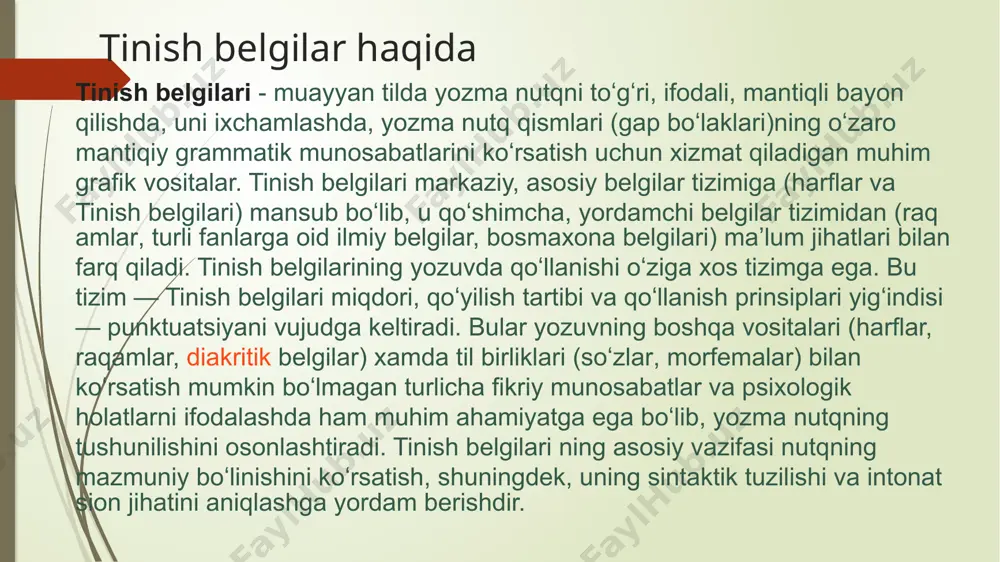 a (bugun ertaroqboring . bizga ovqat keltirsangiz. mayli, oʻqing boʻlmasa, hamma eshitsin); bosh harflar yoki boʻgʻinlar bilan koʻrsatilgan shartli qisqart-malardan soʻng (s. rahimov; m. t. oybek; va shahrik.; va boshqalar); abbreviaturalarda nuqta qoʻyilmaydi; raqamlar yoki harflar bilan koʻrsatilgan numerativlardan soʻng (1. a. 2. v. kabi. bunda numerativdan keyin keladigan gaplar mustaqillikka ega boʻlishi shart); baʼzan sanalar raqam bilan yozilganda, yil, oy, kunlarni oʻzaro ajratish uchun ular orasiga qoʻyiladi (2003-yil 19 okt.); 2000.14.v11i. (2000-yil 14-avgust) va q.k vergul (frans. vergul) — tinish belgisi(,). eng koʻp qoʻllanadigan tinish belgilar jumlasiga kiradi. qoʻllanish oʻrni, shakli turli davrlarda va turli tillarga oid yozuvlarda turlicha boʻlgan. oʻzbek tilida vergul teskari pesh, pesh, yarim turish, yarim tinish kabi nomlar bilan ham yuritilgan. vergul dastlab qisqa pauza uchun ishlatilgan, keyinchalik uning qoʻllanish doirasi va vazifasi kengaygan. oʻzbek tilida vergul uyushiq (sen kuychi, paxtakor, olim…) va ajratilgan boʻlaklarni (azizga, sobiq talabaga, bu soʻz yoqmadi), kirish (lekin, menimcha haqsiz) …