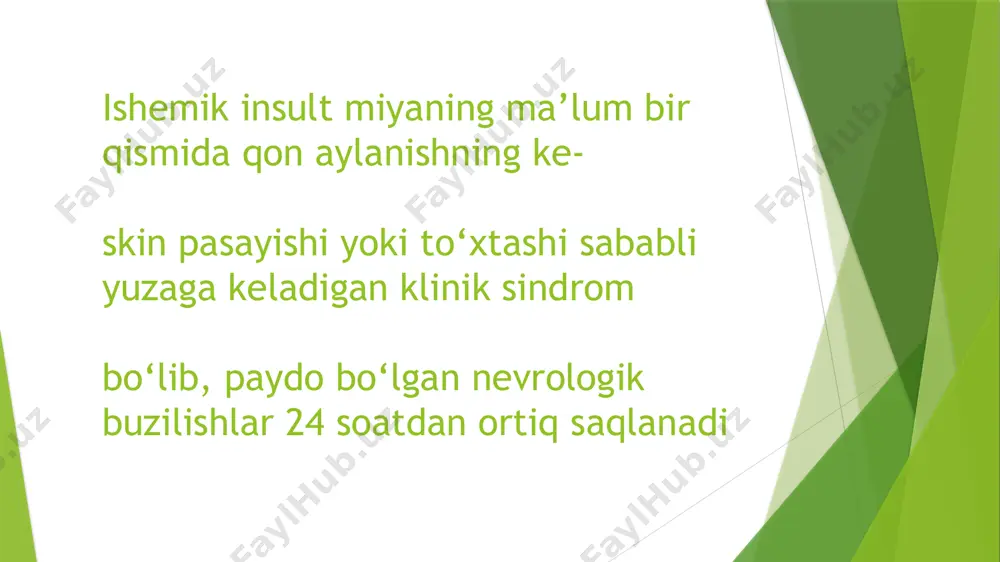 : subaraxnoidal qon quyilish araxnoidal va yumshoq pardalar orasida joylashgan bo‘shliqqa qon quyilishiga subaraxnoidal qon quyilish deb aytiladi. subaraxnoidal qon quyilishi o‘tkir serebrovaskulyar kasalliklarning 4-10 % ini tashkil qiladi. subaraxnoidal qon quyilish, asosan, 35-55 yoshlarda ko‘p uchraydi, 60 yoshdan oshganlarda esa kam kuzatiladi. parenximatoz qon quyilish boshqa gemorragik insultlar kabi hushning yo‘qolishi bilan o‘tkir boshlanadi va o‘choqli nevrologik simptomlar (gemiplegiya, gemia- nesteziya, afaziya) darrov paydo bo‘ladi. parenximatoz qon quyilish chakka va tepa sohalarida ko‘p, peshona sohasida kam uchraydi. gematomaning ichki kapsulaga nisbatan joylashuviga qarab medial va lateral gematomalar farqlanadi ventrikulyar gemorragiyalar miya qorinchalariga qon quyilishga ventrikulyar gemorragiya deb aytiladi. uning birlamchi va ikkilamchi turlari farqlanadi. birlamchi gemorragiya qonning bevosita miya qorinchasi ichiga qon quyilishi bo‘lsa, ikkilamchi gemorragiya – qonning miya parenximasidan miya qorinchalari ichiga yorib o‘tishidir. birlamchi ventrikulyar gemorragiya juda kam uchraydi. ventrikulyar va subaraxnoidal gemorragiyalarni bir- biridan farqlay olish o‘ta muhimdir. yon qorinchalarga qon quyilishi. yon qorinchalarga qon, asosan …