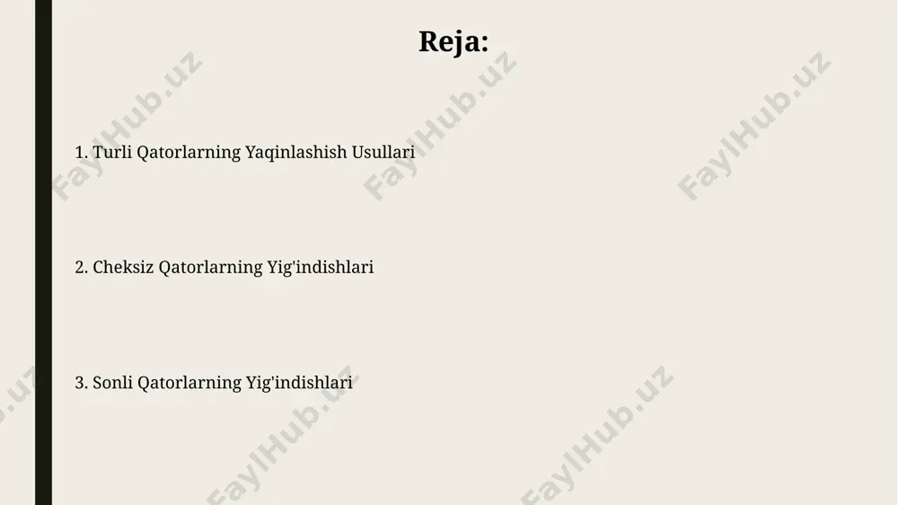4, 1/8... ketma-ketligining limiti 1 ga teng. geometrik progressiyaning yig'indisi geometrik progressiyaning yig'indisi chekli bo'lish uchun, progressiyaning umumiy hadining ko'paytirgichining moduli 1 dan kichik bo'lishi shart, aks holda yig'indi cheksizlikka intiladi. masalan, 1+1/2+1/4+... yig'indisi 2 ga teng. cheksiz kamayib boruvchi geometrik progressiyaning yig'indisini topish uchun, birinchi hadni ko'paytirgichdan 1 ni ayirgan farqqa bo'lish kerak. masalan, hadlari 1, 0.5, 0.25 bo'lgan progressiya uchun yig'indi 2 ga teng. chegaraviy nuqta tushunchasi chegaraviy nuqta, son ketma-ketligining a’zolari o’zgaruvchan bo’lsa-da, ma’lum bir songa yaqinlashganda, ya’ni ketma-ketlikning limiti mavjud bo’lganda aniqlanadi, masalan, 1/n ketma-ketligi 0 ga yaqinlashadi. chegaraviy nuqta tushunchasi, absolyut qiymatdagi farq istalgan kichik ε > 0 sonidan kichik bo’ladigan n sonini topish mumbaligini bildiradi; bu yerda |aₙ - l| n shartni qanoatlantiradi, l – chegaraviy nuqta. amaliy misollar va qo'llanmalar fibonachchi ketma-ketligining konvergentsiyasi oltin nisbatga (1.618...) yaqinlashishini hisoblashda, masalan, spiral shaklidagi o'simlik barglarining joylashuvini modellashtirishda qo'llaniladi. geometrik progressiyalar konvergentsiyasi foizlar hisob-kitoblarida, masalan, bankdagi …