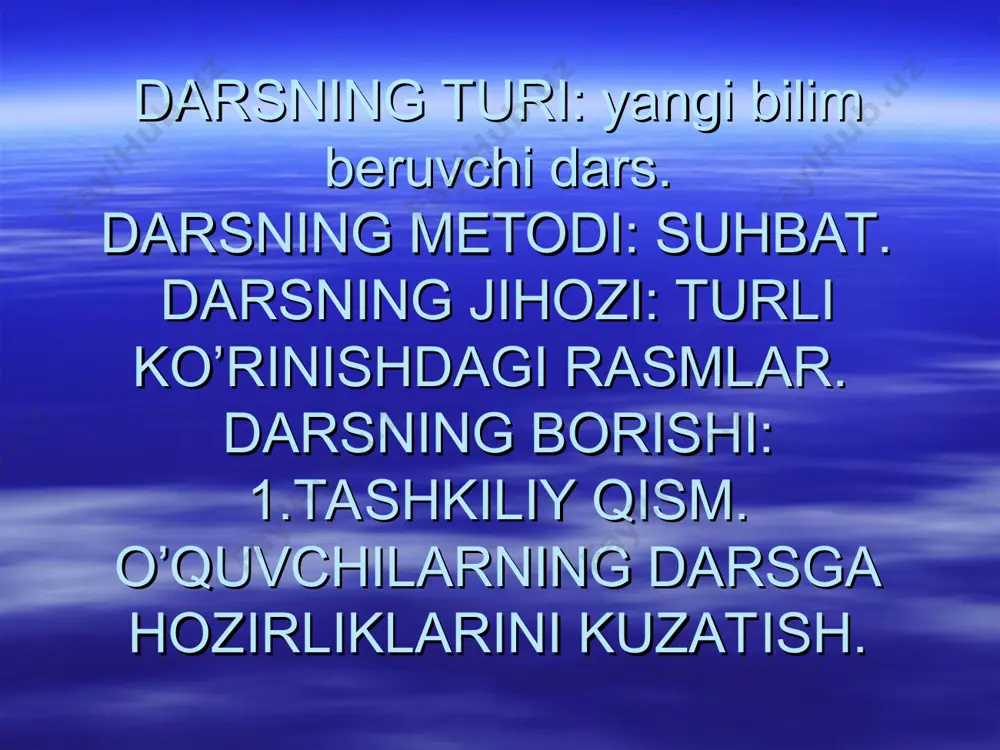 ? kuz haqida his-hayajon, shodlik va sevinch ifodalagan 2-3 ta gap tuziladi. tuzilgan gaplar doskaga va daftarga yoziladi. 8.yangi mavzuni mustahkamlash. -undov gap deb nimaga aytiladi? -ular qaday aytiladi? -gap oxirida qanday belgi qo’yiladi?uyga vazifa:93-mashq.matn ifodali o’qiladi. har bir gapning oxiriga nuqta qanday nuqta qo’yilishi aniqlanadi. har bir gap oxiriga tegishli tinish belgilari qo’yib, sarlavha topib, matnni ko’chirish uyga vazifa qilib topshiriladi.