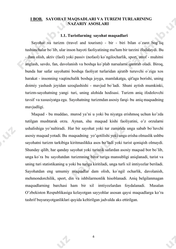 masalan o’zbekiston respublikasiga kelayotgan sayyohlar asosan qaysi maqsadlarga ko’ra tashrif buyurayotganliklari quyida keltirilgan jadvalda aks ettirilgan. 1-jadval sayyohlarning o’zbekistonga tashrif buyurishdan asosiy maqsadlari. ish yuzasi dan o’qish, o’rgani sh ish savdo -sotiq dam olish, ta’til, bo’sh vaqt qarindosh larga tashrif buyurish sog’lom- lashtirish diniy, ziyo- rat maqsa dida bosh qalar jami 87 45 4 75 1422 200 340 391 126 shu bilan bir qatorda turizm turlari bilan: kiruvchi turizm 43 7 1 21 264 76 9 8 26 chiquvchi turizm 25 25 0 25 152 45 14 149 15 ichki turizm 19 13 3 39 1006 79 317 234 85 rezident 44 38 3 54 1158 124 331 383 100 shu bilan bir qatorda turizm turlari bilan: chiquvchi turizm 25 25 0 25 152 45 14 149 15 ichki turizm 19 13 3 29 1006 79 317 234 85 resident bo’lmagan 43 7 1 21 264 76 9 8 26 …