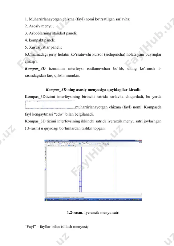 irish; “peremennыe” – kerakli buyruqlar panelini ko`rsatish yoki olib tashlash. “spravka”- ma’lumotnoma; 1.4-rasm. “tekuщeye sostoyaniye”- “ob’ektning xususiyati” paneli “tekuщiy shag kursora”- kursor yurgan qadami; “costoyaniye sloyev”- yuza ko`rinishi; “ustanovka globalnыx privyazok”- qo`shishni o`rnatish; “zapretit privyazki”- ajratish; “parametricheskiy rejim”- parameter rejimi; “setka (ctrl+g)”- setka xolatiga keltirish; “lokalnaya sk”- koordinata qo`yish; “ortogonalnoye chercheniye (f8)”- orthogonal tasvir ularni o`chirish va oqish; “skrugleniye(f7)”- tasvirlarni bo`yab olishni o`chirish va yoqish; “koordinatы kursora (alt+x)”- kursor koordinatalari; “kompaktnaya panel”- “chizish” paneli ushbu panel chizish uchun kerakli bo`lgan xamma buyruqlarni o`zida mujassamlashtirgan. 1.5-rasm. “kompaktnaya panel”- “chizish” paneli geometriya razmerы oboznacheniya oboznacheniya dlya stroitelstva redaktirovaniye parametrizatsiya izmereniya 2d vыdeleniye vidы spetsifikatsiya bularni uzi xam uz navbatida bir qancha buyruqlarga bo`linadi. masalan: geometriya 1. “tochka” - nuqta 2. “vspomogatelnaya pryamaya” – yordamchi chiziqlar 3. “otrezok” - chiziq 4. “okrujnost” – aylana chizish 5. “duga” – duga chizish 6. “ellips” – elepis chizish 7. “neprerivnыy vvod ob’ektov” – chiziqni uzmasdan chizish …