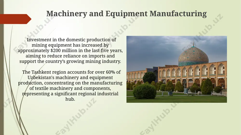 s implemented since 2017, significantly boosting private sector participation and utilizing foreign expertise in diverse industrial areas. government policies and initiatives for industrial growth the government prioritizes industrial parks, offering tax breaks and streamlined licensing processes to attract over 100 new manufacturing facilities, focusing on sectors like textiles and automotive components. uzbekistan's government launched the "strategy of actions" in 2017, aiming for a 7% annual gdp growth, heavily reliant on industrial diversification and attracting over $40 billion in foreign direct investment. sustainability and environmental considerations in industry uzbekistan's textile industry, a significant contributor to gdp, faces challenges in meeting international standards for water usage, aiming for a 20% reduction by 2030 through improved water management technologies. uzbekistan's government is investing in renewable energy sources, targeting a 25% increase in renewable energy capacity by 2030, to reduce the industrial sector's reliance on fossil fuels and improve air quality. food processing industry: …