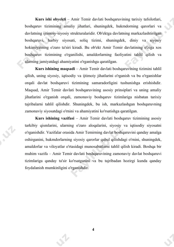 asida belgilagan. hukmdorning kuchi va ta’siri, faqat siyosiy qarorlar bilan cheklanmasdan, harbiy va iqtisodiy strategiyalarni ham o‘z ichiga olgan. temir, davlatning barcha sohalarini o‘z nazoratiga olish orqali, ijtimoiy tizimni muayyan qoidalarga asoslangan tarzda tartibga solgan. shu tariqa, hukmdorning har bir qarori va harakatlari to‘g‘ridan-to‘g‘ri davlatning barcha strukturalariga ta’sir o‘tkazgan.[footnoteref:1] [1: abduvahobov, a. (2020). amir temir davrining siyosiy tizimi va boshqaruv tartiblari. toshkent, o‘zbekiston milliy universiteti.] amir temir o‘z hokimiyatini hukumatning boshqa tarmoqlari – masalan, diniy va harbiy tizimlar bilan ham uyg‘unlashtirgan. diniy olimlar va imomlar temirning siyosiy qarorlarini ma’qullashda, o‘z navbatida, hukmdorning hokimiyatini mustahkamlashda muhim rol o‘ynagan. hukmdorning harbiy yurishlari va yangi hududlarni zabt etish jarayonlarida, bu jarayonlar faqat harbiy salohiyat bilan emas, balki hukmdorning ijtimoiy va diniy ta’siri orqali ham qo‘llab-quvvatlangan. shu bilan birga, hukmdorning yuqori hokimiyati, amaldorlarning vakolatlarini aniq belgilash va ularni o‘z maqsadlariga xizmat qilishga yo‘naltirish orqali markazlashtirilgan boshqaruvning asosini tashkil etdi.bundan tashqari, amir temir o‘z hokimiyatini …
