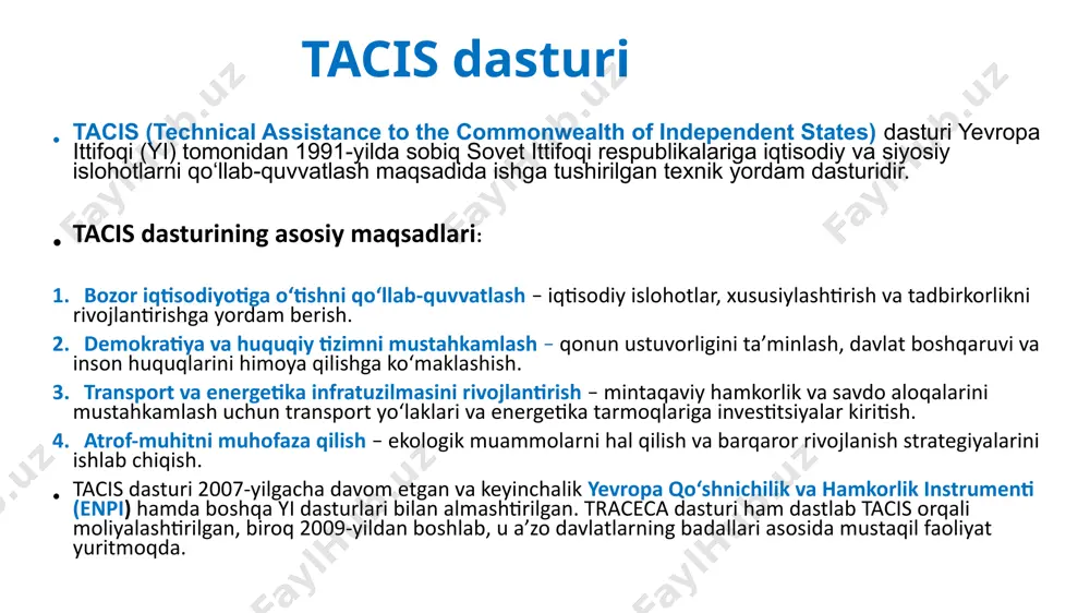 hbu yo‘lakda ishtirok etmoqda. 1. eatl – euro-asian transport links (yevro-osiyo transport bog‘lamlari) eatl loyihasi birlashgan millatlar tashkilotining yevropa iqtisodiy komissiyasi (unece) va osiyo va tinch okeani uchun iqtisodiy va ijtimoiy komissiyasi (unescap) tomonidan amalga oshiriladigan xalqaro tashabbusdir. maqsadi – yevropa va osiyo o‘rtasidagi transport aloqalarini rivojlantirish, yo‘llar va temir yo‘llarni modernizatsiya qilish hamda barqaror va samarali yuk tashish tizimini yaratish. eatl asosiy yo‘nalishlari: eatl rail route 3 – osiyo va yevropa o‘rtasidagi asosiy temir yo‘l yo‘lagi eatl road route 4 – avtomobil transporti yo‘nalishi traceca ham eatl tarmog‘ining muhim qismi hisoblanadi. eatl (euro-asian transport links) va osjd (organization for cooperation of railways) haqida ma’lumot: osjd- temir yo‘llar hamkorligi tashkiloti 1956-yilda tashkil etilgan xalqaro tashkilot bo‘lib, asosiy maqsadi yevropa va osiyo o‘rtasidagi temir yo‘l transportini rivojlantirishdir. osjd asosiy vazifalari: temir yo‘l transportini muvofiqlashtirish xalqaro yuk va yo‘lovchi tashish tizimini yaxshilash transport qonunchiligini uyg‘unlashtirish texnik standartlarni ishlab chiqish osjd’ga a’zo davlatlar: …
