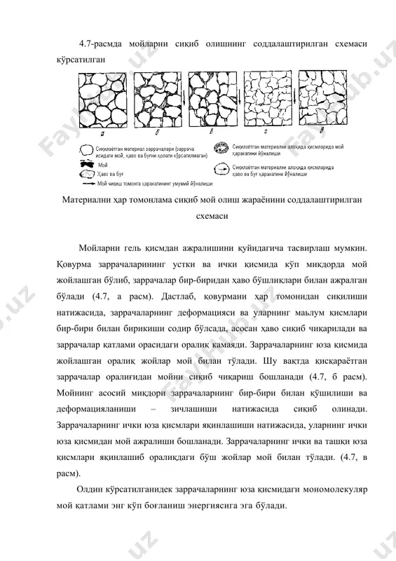 а заррачалар қатлами орасидаги оралиқ камаяди. заррачаларнинг юза қисмида жойлашган оралиқ жойлар мой билан тўлади. шу вақтда қисқараётган заррачалар оралиғидан мойни сиқиб чиқариш бошланади (4.7, б расм). мойнинг асосий миқдори заррачаларнинг бир-бири билан қўшилиши ва деформацияланиши – зичлашиши натижасида сиқиб олинади. заррачаларнинг ички юза қисмлари яқинлашиши натижасида, уларнинг ички юза қисмидан мой ажралиши бошланади. заррачаларнинг ички ва ташқи юза қисмлари яқинлашиб оралиқдаги бўш жойлар мой билан тўлади. (4.7, в расм). олдин кўрсатилганидек заррачаларнинг юза қисмидаги мономолекуляр мой қатлами энг кўп боғланиш энергиясига эга бўлади. юзадан масофанинг узоқлашиши билан боғланиш энергияси камаяди, шунинг учун сиқиб чиқарилаётган мойни оқими ўртасидаги тсзлик катта бўлади, юзага яқин қатламлар қўзгалмас бўлади, бинобарин, бу босқичда заррачалар орасидаги масофа қисқариб уларнинг бирикиши амалга ошади. заррачалар орасидаги каналларнинг кўндаланг кесими бирдан кичрайиши натижасида юзалар бир-бирига яқинлашиб мономолекуляр мой қатлами ҳосил бўлиши натижасида мойни сиқиб чиқарилиши тўхтайди, чунки адсорбцияланган мой плёнкаси сиқилмайди. амалиётда мой қолдиғи мономолекуляр қатламлар ушлаб турган …
