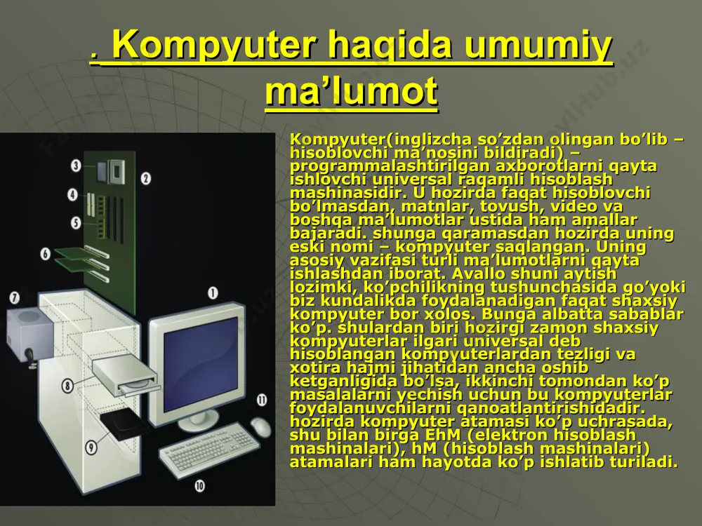 bo’lish mumkin: - super kompyuterlar; - katta kompyuterlar; - mini kompyuterlar; - mikro kompyuterlar(shaxsiy kompyuterlar); - bloknot va cho’ntak kompyuterlari (notebook, la’to’, ‘almto’), super kompyuterlar (top 500 kompyuterlar)- juda katta tezlikni talab qiladigan va katta hajmdagi masalalarni yechish uchun mo’ljallangan bo’ladi. bunday masalalar sifatida ob-havoni global, bashoratiga oid masalalarni, uch o’lchovli fazoda turli oqimlarning kechishini o’rganish masalalari, global informatsion tizimlar va hokazolarni keltirish mumkin. bu kompyuterlar bir sekundda 10 trilliardlab amal bajaradi. misol sifatida aqsh energetika vazirligining sandia laboratoriyasida o’rnatilgan 9472 protsessorli intel asci red kompyuterini keltirish mumkin. xususan, bu kompyuter yadro sinovlarini va eskirayotgan yadro qurollarini modellashtirishda qo’llaniladi. katta kompyuterlar (manframe com’uter)- fan va texnikaning turli sohalariga oid masalalarni yechishga mo’ljallangan. ularning amal bajarish tezligi va xotira hajmi superkompyuterlarnikiga qaraganda bir-ikki pog’ona past. bularga misol sifatida aqshning cray (krey), ibm 390, 4300, ibm es/ 9000, frantsiyaning borrous 6000, yaponiyaning m1800 rusumli kompyuterini va boshqalarni misol qilib keltirish mumkin. minikompyuterlar …