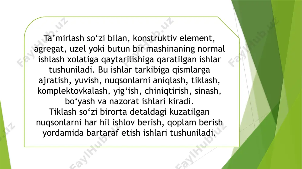 ib; 3)avtomobil bilan; 4)tirkalma arava (pritsep) yoki yarim tirkalma arava (yarimpritsep) bilan; 5)trayler bilan keltirilishi mumkin. mashinalar texnik sharoitlarga muvofiq ta’mirlashga qabul qilinadi. mashinalam i ta ’mirlashga topshirishda quyidagi hujjatlar ko‘rsatiladi: l)vaqti-vaqti bilan texnik ko ‘rikdan o'tkazilganligi to‘g‘risidagi dalolatnoma; 2)mashinani bundan oldingi ta’mirdan qabul qilinganligi to‘g‘risidagi dalolatnoma; 3)dvigatelning dalolatnom a pasrorti; 4)mashinaning zavoddan berilgan va zarur belgilari qo‘yilgan texnik pasrorti. g o st 3.1115—79 ga muvofiq ta’mirlashda quyidagi hujjatlar tuziladi. 1.buyumdagi nuqsonlar ro‘yxati (bnr). 2.detallar, yig‘ma qismlardagi nuqsonlar ro‘yxati (d n r). 3.nuqsonlarni aniqlash (yaroqli-yaroqsizlarga ajratish) texnologik jarayoni kartasi (natjk). 4.ta’mirlash texnologik jarayoni kartasi (ttjk). 5.tozalash namunaviy texnologik jarayoni kartasi (tntjk). 6.detallar, yig'ma qismlar ro‘yxati (dyqr). bu ro‘yxat tozalash texnologik jarayoni ro‘yxatiga qo'shib qo‘yiladi. 7.metall suyultirib qorlash ishlari kartasi (msqik), ta’mirlashda mashinalaming puxtaligini oshirishning quyidagi asosiy yo'llari bor: 1) agregat qism (agregat-uzel) usulida egasizlantirmasdan ta’mirlash va nuqsonlarni bartaraf etishni keng joriy etish; 2) jamoa va davlat xo‘jaliklarida mashinalaming nuqsonlarini bartaraf …