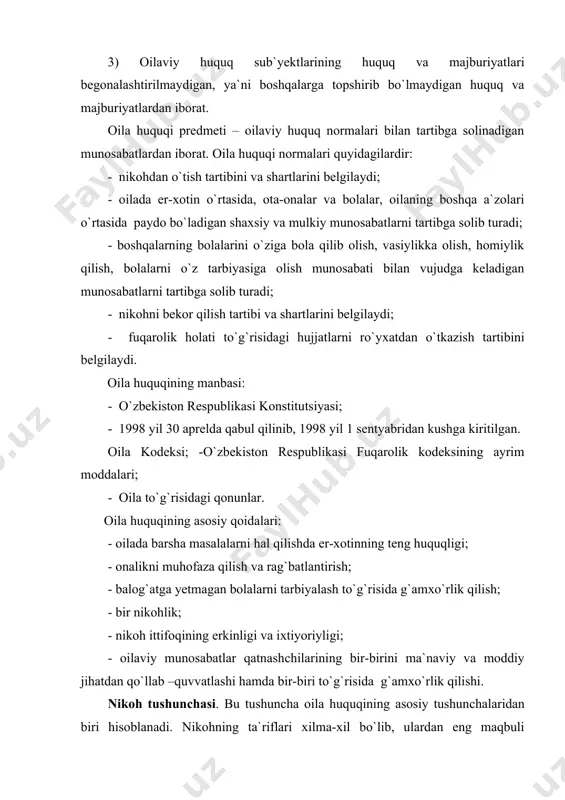 sh maqsadidagi o`zaro kelishilgan, butun umrga mo`ljallangan ittifoqdir”. nikoh va oila bir-biri bilan uzviy bog`liq tushunchalar. shu jihatdan, oila-eng avvalo jamiyat asosini tashkil etuvchi, bolalarni tarbiyalash va ularni shaxs sifatida shakllantirish muhiti bo`lgan birlamchi yacheykadir. yoki boshqacha qilib aytganda, oila jamiyatning ilk bo`g`inidir. oila muqaddasdir. jamiyat unga g`amho`rlik qiladi. oilaning muqaddasligiga yondashuv turlicha bo`lishi mumkin. bugungi kunda ayrim mutaxassislar, masalan,sotsiologlar oila bo`lishi uchun erkak va ayolning o`zaro munosabati yetarli asos deb hisoblamoqchi bo`ladilar. ularning fikricha farzandlar bu yerda rol o`ynamaydi. yuristlar esa oila bo`lishi uchun, albatta qonuniy nikoh bo`lishi, ya`ni erkak va ayolning o`zaro ittifoqi tegishli organlar ro`yxatidan o`tishi kerak, aks holda erkak va ayolning birga yashashi ( necha yilligidan qat`iy nazar) nikohni keltirib chiqarmaydi deb hisoblaydilar. shundan kelib chiqib diniy rasm-rusmga asoslangan nikohni huquqiy ahamiyatga ega emas deb e`tirof etiladi. nikoh shartlari: 1) o`zaro nikoh tuzishni istagan shaxsning nikoh yoshiga yetishi; 2) nikohdan o`tuvchilarning o`zaro roziliklari. bundan boshqa shartlar …