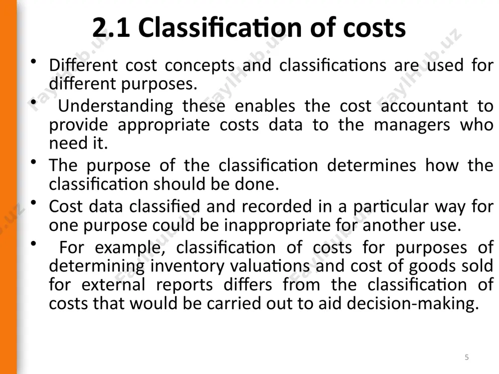 as direct and indirect based on management ability to trace it to specific jobs, departments and units direct costs: these are costs that could be traced to specific units in a cost-effective manner. example: direct material and direct labor costs indirect costs: are costs that are common to many cost objects are not directly traceable to any specific item (cost object). these costs are usually charged to product (cost objects) through allocation techniques. example: foh costs are indirect costs. 18 indirect cost for example, it is impossible to trace the factory managers’ salary in a multi-product plant to any particular product made in the plant. even if a product were dropped entirely, we would ordinarily expect the factory manager’s salary to remain the same. this is an example of a "common cost". on the other hand, other costs are treated as indirect costs because it would not be practical to …