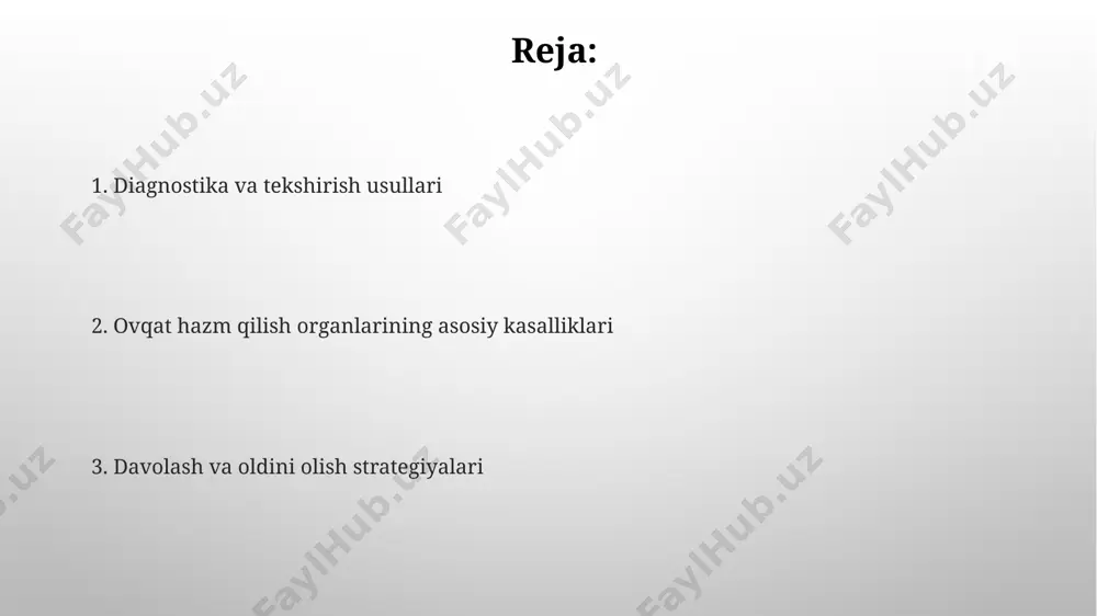 nadi va tashxisi qiyin bo'lishi mumkin, ayniqsa dastlabki bosqichlarda. oshqozon-ichak trakti kasalliklarining epidemiologiyasi yo'g'on ichak saratoni dunyo bo'ylab saraton kasalliklarining 3-o'rinida turadi. o'zbekistonda ham ushbu kasallik ko'payib bormoqda, 50 yoshdan oshganlar skrining tekshiruvlaridan o'tishi muhim hisoblanadi. oshqozon-ichak trakti kasalliklarining epidemiologiyasi ezofagus kasalliklari o'zbekiston gastroezofageal reflyuks kasalligi (gerd) qizilo'ngachning shilliq qavatiga xlorid kislota ta'sirida yallig'lanishni keltirib chiqaradi. proton nasos inhibitorlari (ppi) bilan davolash 4-8 hafta davomida simptomlarni kamaytirishga yordam beradi. ingichka ichak kasalliklari gluten enteropatiyasi (tseliakiya kasalligi) - ingichka ichakning gluten ta'sirida kelib chiqadigan surunkali kasalligi. bu kasallik 100.000 kishidan 1 nafardan 3 nafargacha ta'sir qiladi va 95% hollarda tashxis qo'yilmaydi. ingichka ichakda o'sma kasalliklari, masalan, adenokarsinoma, barcha oshqozon-ichak saratonining taxminan 1-2% ini tashkil qiladi. ularning 5 yillik omon qolish darajasi, odatda, 65% dan kam bo'ladi, ayniqsa, metastazlangan bo'lsa. oshqozon va o'n ikki barmoqli ichak kasalliklari o'n ikki barmoqli ichak yarasi, oshqozon yarasidan farqli o'laroq, ko'pincha ovqatdan 2-3 soat o'tgach, och …