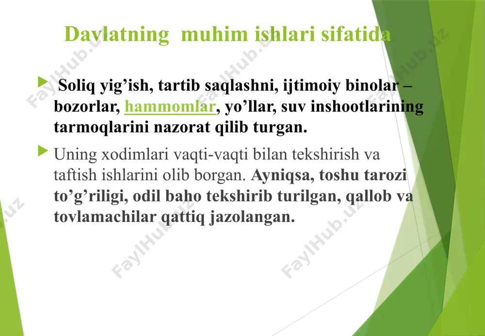 qtning o‘zida buxoro, samarqand, qarshi, termiz, toshkent, va andijon shaharlarida zarbxonalar tashkil etib, bir xil vazndagi salmoqli chaqalarni muomalaga kiritdi. tashqi savdo aloqalari xitoy, hindiston, va boshqa ko‘pgina davlatlar bilan savdo aloqalari olib borilgan. bu borada savdogarlar uchun qulay sharoitlar yaratilganligini alohida ta’kidlab o‘tish kerak. «buyuk ipak yo‘li» xafvsizligini ta’minlash borasida katta ishlarni amalga oshirganlar mirzo ulug‘bek davri ulug‘bek (1394-1449) tarixda ko‘proq davlat arbobi sifatida emas, bunyodkor inson, yuksak zehnli olim sifatida mashhurdir. uning dong‘i dunyoga ketgan, astronomiya, tarix ilmlariga oid asarlari mavjud. soliq to‘lashning adolatli usullari ulug‘bek hukmronligi davrida g‘alla g‘aram qilinmasdan avval soliq to‘plash qat’iyan man etilgan, chunki dehqon hosil yig‘ib olgachgina real soliq to‘lash imkoniga ega bo‘ladi. soliq aniq uch muddatda, dehqon hosili pishishiga qarab bo‘lingan alisher navoiy iqtisodiy ta‘lmoti alisher navoiy (1441-1501) buyuk shoir va davlat arbobi. u o‘z davrining siyosiy va iqtisodiy ahvolini yaxshilash, mamlakatning iqtisodiy qudratini barqarorlashtirish uchun kishilarda vatanparvarlik his-tuyg‘usini uyg‘otish zarurligini yaxshi …