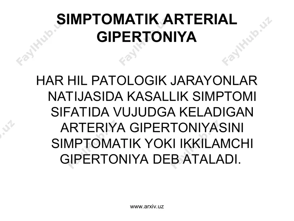 asining oshishi – aylanib yuruvchi qon hajmining ko'payishi – gipervolemiya. www.arxiv.uz www.arxiv.uz b. endokrin kasalliklarda ba'zi gormonlar ajralishi ko'payadi. akromegaliya feoxromasitoma kasalligida buyrak usti bezi miya qavati giperplaziyasi nati jasida adrenalin ko'p miqdorda ajraladi, simpato-adrenal sistemasi tonusi ortadi. isenko-kushing kasalligida buyrak usti bezi po'stlog'ining giperplaziyasi yoki o'smasi ta'sirida 11-oksikortikosteroidlar sekresiyasi ko'payadi. tireotoksikozda tiroksin va triyodti roning gormonlari ta'sirida yurakning daqiqalik hajmi va aylanayotgan qon hajmi ortadi va sistolik gipertoniyani sodir qiladi. www.arxiv.uz www.arxiv.uz с. klimakterik gipertoniya patogenezi asosida menopauza davrida follikulyar gormon depressor faoliyatining zaiflanishi yoki to'xtashi yotadi. esterogenlar ishlab chiqarilishining to'xtashi, shubhasiz yana mns faoliyatining buzilishiga olib keladi. www.arxiv.uz www.arxiv.uz d. gemodinamik gipertoniya asosida yurakning zarb hajmining ko'payishi yotadi. 1)takayasu sindromida ag yallig'lanish jarayoni ta'sirida buyrak arteriyalarining torayishi hamda aorta depressor sohasining qamali yuzaga keladi. 2) aortaning ko'krak bo'limi koarktasiyasida (tug'ma torayishda) arteriya bosimining ko'tarilishi asosida gavdaning yuqori yarmi qon tomirlarining liq to'lishi, qonnning zarblik va daqiqalik hajmining ko'payishi …