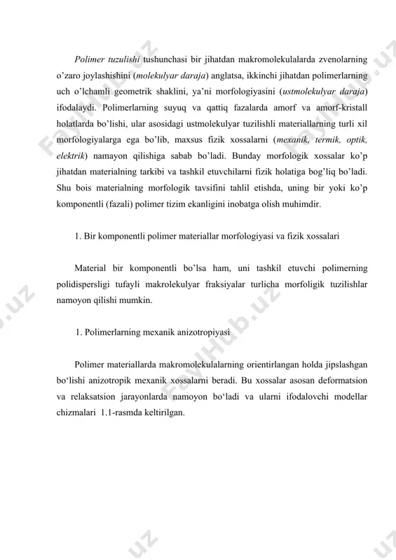 holati, ularni bo‘ylama cho‘zish orqali deformatsiyaga uchratgandagi o‘zgarish qonuniyatini ifodalovchi grafiklar, ya’ni norelaksatsion xossalar bo‘lib, uning ma’lum yo‘nalishda tashqi kuchlar ta’sirida ma’lum strukturaviy xossalarga olib kelish imkoniyati bilan bog‘liqdir. namunalarning anizotropik xossasi (( = (par -(per (bu erda (par va (per lar makroxossalar) formulaga muvofiq topiladi. tajribada kuzatishlar uchun yorug‘likning ikkilamchi sinishi formulasi (n= npar( nper dan foydalanish mumkin. relaksatsion jarayonlar polimer materiallar uchun ham spektrning relaksatsiya vaqti bilan ifodalanadi. relaksatsiya spektri shakli tizimning tarkibi va haroratiga bog‘liq bo‘ladi. agar relaksatsiya vaqti materialni deformatsion cho‘zish vaqtidan ancha kichik bo‘lsa, u holda asosan plastik deformatsiya ro‘y beradi va yuqori darajali orientatsion samaralar yuz bermaydi. agar relaksatsiya vaqti cho‘zish vaqtidan sezilarli darajada katta bo‘lsa, unda makromolekulalarni kichik darajadagi harakatchanligi tufayli orientatsiya holatiga o‘tish mumkin bo‘lmaydi. 2. polimerlarning termik anizotropiyasi polimerning termik anizotropik xossalari, ayniqsa, ularni termik qayta ishlash natijasida tuzilishlarini o‘zgartirishini va relaksatsion jarayonlarning amalga oshishini ta’minlash yoki boshqarish o‘ta muhim bo‘lib, …