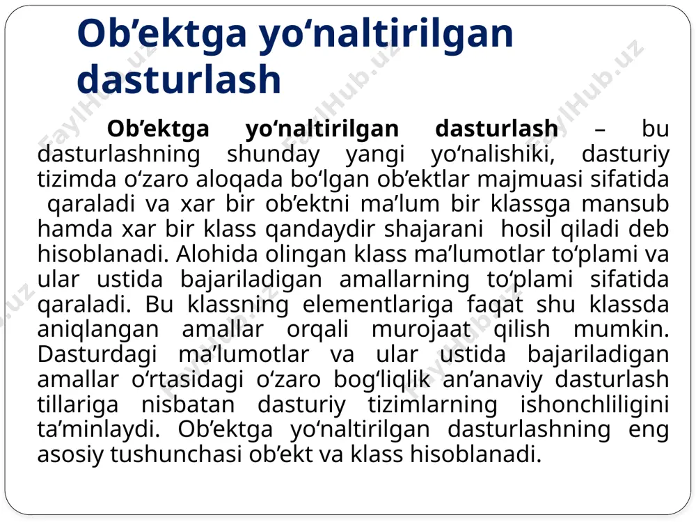 ar qanday narsa himoya- langan yoki xususiy kirishga ega bo'lmog'i kerak. inkapsulyasiya class student { public: string name; int age; private: string passport_number; protected: string adress; } vorislik – yangi ob’ektni aniqlashga ehtiyoj paydo bo‘lganda oldindan ma’lum bo‘lgan ob’ektlardan foydalanish. vorislik mavjud bo'lgan sinfning ta'rifi asosida yangi sinfni yaratish imkonini beradi. yangi sinf boshqasi asosida yaratilgach,uning ta'rifi avtomatik tarzda mavjud sinfning barcha xususiyatlari,xulq-atvori va joriy qilinishiga vorislik qiladi. awal mavjud bo'lgan sinf interfeysining barcha metodlari va xususiyatlari avtomatik tarzda voris interfeysida paydo bo'ladi. vorislik voris sinfida biror bir jihatdan to'g'ri kelmagan xulq-atvorni awaldan ko'ra bilish imkonini beradi. vorislik vorislik — sinflar o'rtasida «is-а» munosabatlarini o'rnatish imkonini beradigan mexanizm. merosxo'r sinf o'z ajdodi bo'lgan sinfdan xususiyatlar va xulq-atvorni meros qilib olayotganida, u shuningdek, o'z ajdodi bo'lgan sinf, ehtimol, boshqa sinflardan meros qilib olgan xususiyatlar va xulq-atvorga ham ega bo'ladi. vorislik tabaqalanishi qandaydir ma'no kasb etishi uchun ajdodlar ustidan qanday amallar bajarilgan …