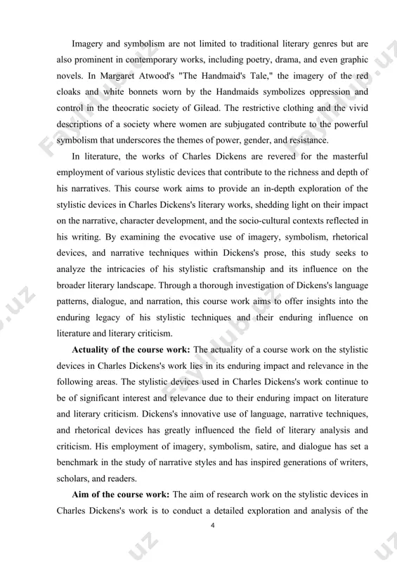 s set a benchmark in the study of narrative styles and has inspired generations of writers, scholars, and readers. aim of the course work: the aim of research work on the stylistic devices in charles dickens's work is to conduct a detailed exploration and analysis of the literary techniques and elements employed by dickens in his writing. this research seeks to delve into the various stylistic devices such as imagery, symbolism, satire, and rhetorical techniques utilized by dickens in his novels. the primary objective is to comprehensively investigate how these stylistic devices contribute to the development of characters, creation of vivid settings, and the conveyance of complex themes and messages within his narratives. furthermore, the research aims to analyze the impact of dickens's stylistic choices on the overall storytelling, and how they contribute to the emotional engagement and intellectual depth of his works. by understanding and examining the intricate ways …