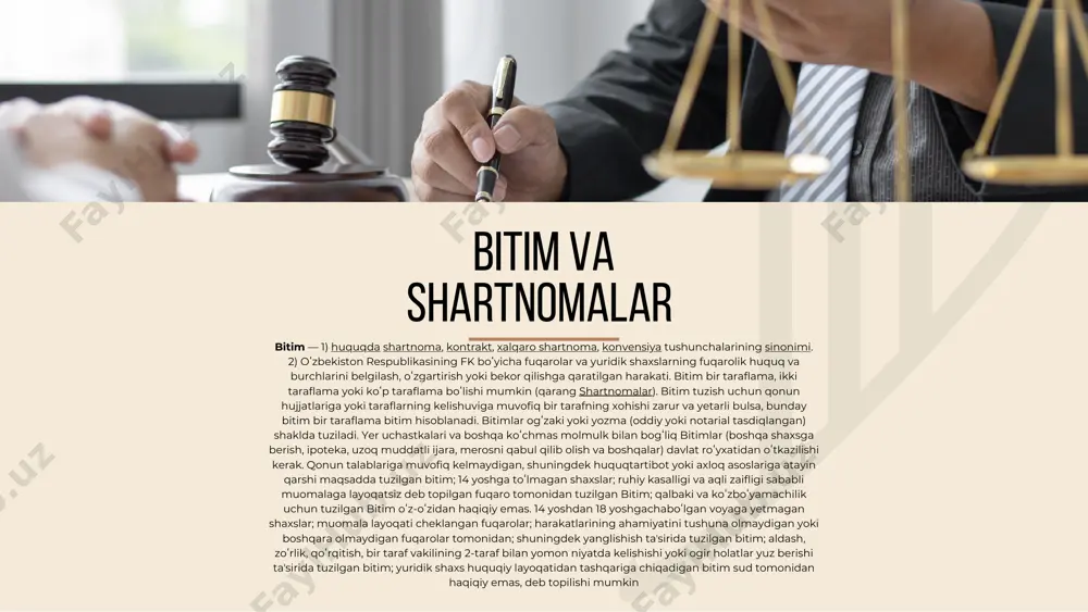 ://uz.m.wikipedia.org/wiki/shartnoma shartnoma shartnoma — fuqarolik huquqida ikki yoki bir necha shaxsning fuqarolik huquq va burchlarini vujudga keltirish, burchlarini oʻzgartirish yoki bekor qilish haqidagi kelishuvi, bitimniig turi, sharhidan kelib chiquvchi fuqarolik huquqiy munosabat ham, shuningdek, yozma ravishda tuzilgan shartnoma mazmuni bayon qilingan hujjat ham „shartnoma“ termini bilan ataladi. „shartnoma“ soʻzining sinonimi — kontrakt. fuqarolar va yuridik shaxslar shartnoma tuzishda erkindirlar. shartnoma tuzishga majbur qilinishga yoʻl qoʻyilmaydi, shartnoma tuzish burchi qonumajburiyatda nazarda tutilgan hollar bundan mustasno. taraflar qonun hujjatlarida nazarda tutilmagan shahrini ham tuzishlari mumkin. shartnoma va bitimning farqi bitim tuzish uchun qonun hujjatlariga yoki taraflarning kelishuviga muvofiq bir tarafning xohishi zarur va yetarli bo’lsa, bunday bitim bir taraflama bitim hisoblanadi. shartnoma tuzish uchun ikki taraf (ikki taraflama bitim) yoki uch yohud undan ko’p taraf (ko’p taraflama bitim) kelishib xohish bildirgan bo’lishi kerak. ya’ni bitimlar bir taraflama ham tuzilishi mumkinligi va aksincha, shartnomalar esa faqatgina ikki taraflama yoki ko’p taraflama tuzilishi jihatidan …
