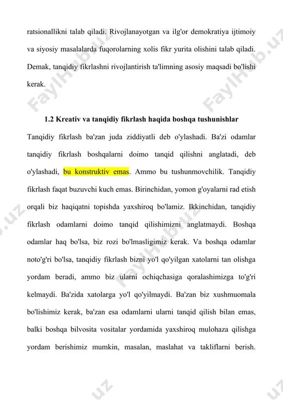 rchamiz bajaradigan va oddiy narsa deb biladigan narsadir, ammo haqiqat shundaki, hatto oddiy aqlli odamlar ham ba'zan qaysar va xolis bo'lishlari mumkin. psixologiya tadqiqotlari shuni ko'rsatadiki, odamlar fikr yuritishda juda ko'p xatolarga yo'l qo'yishadi - ular o'zlarining qobiliyatlarini ortiqcha baholaydilar, o'zlarining xurofotlarini tasdiqlash uchun dunyoni talqin qiladilar va noto'g'ri joylardan sabablar va naqshlarni qidiradilar. tanqidiy fikrlashni o'rganib, biz bunday xatolarga yo'l qo'ymasligimiz mumkin. biz tanqidiy fikrlashni o'rganish orqali boshqa odamlarga ham yordam bera olamiz. ba'zan bizda tortishuv noto'g'ri, degan fikr paydo bo'ladi, ammo nima uchun ekstremal ekanligini bilmaymiz. tanqidiy fikrlash bizga noto'g'ri nima ekanligini tushuntirish uchun tushunchalar va so'z boyligini beradi. bu tushunishni va yanada samarali muhokamalarni rag'batlantiradi. yaxshi tanqidiy fikrlash bu bilim qobiliyatidir. umuman olganda, mahoratni rivojlantirish uchun uchta shart - nazariyani o'rganish, qasddan amaliyot va to'g'ri munosabatni qabul qilish kerak. nazariya deganda biz mahoratga ega bo'lishimiz uchun bilishimiz kerak bo'lgan qoidalar va faktlarni nazarda tutamiz. masalan, o'yin qoidalarini …