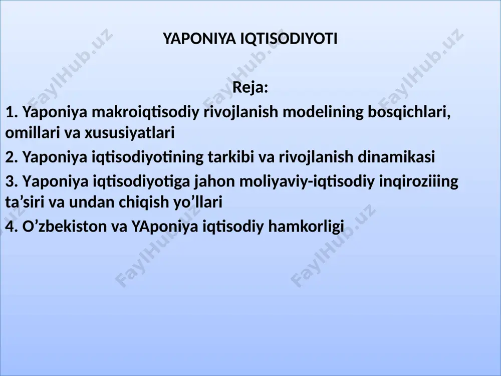 rda yapon iqtisodiyotining o’sish sur’atlari yiliga o’rtacha 11% ni tashkil etgani holda rivojlangan mamlakatlar ichida eng yuqori ko’rsatkichni tashkil etdi. to’rtinchi bosqich 1973 yildan boshlanadi va mamlakat iqtisodiyotiga 1970 yillardagi jahon yoqilg’i inqirozlarining ta’siri tufayli o’rtacha o’sish sur’atlari va tarkibiy o’zgarishlar (1973-1980) davri nomini oldi. yaponiyada inqiroz 1976 yidda bartaraf etildi, ammo mamlakat iqtisodiy jonlanish bosqichiga "tarkibiy kasal tarmoqlar" - energiya va material sig’imkorligi yuqori tarmoqlar, yengal sanoatning mehnat sig’imkorligi yuqori tarmoqlari va kemasozlik tarmog’idagi muammolar bilan kirib keldi. beshinchi bosqich "sovun ko’pigi" iqtisodiyotining shakllanishi bilan bog’liq bo’lib, bu davr yaponiyada yo’qotilgan o’n yillik nomini oldi, 1990 yilning 1 oktyabri aktsiyalar kursining pasayishi bilan boshlandi va nikkey indeksi 20 ming ienagacha pasaydi, ya’ni 1989 yilning dekabriga nisbatan 49% ga qisqardi. keyinchalik 1 oktyabr qora dushanba deb ataladigan bo’ldi. "sovun ko’pigi” iqtisodiyoti inqirozi bilan bog’liq salbiy oqibatlarnint real sektorga ta’siri natijasida yaponiya iqtisodiyoti chuqur va davomli depressiya holatiga tushib qoldi. ushbu …