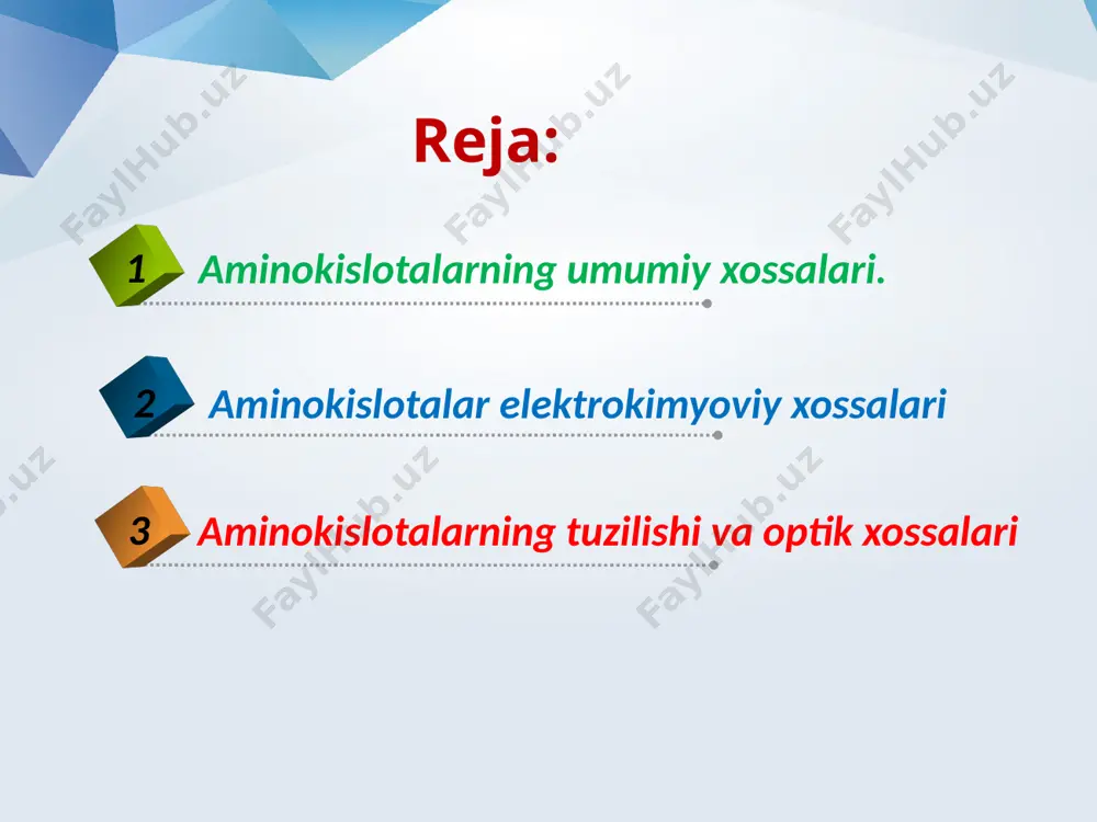 alarga yon zanjirida qo`shimcha karboksil guruhi bo`lib, kislotalik xususiyatini ta’minlaydigan aminokislotalar kiradi: aspartat kislota, glutamin kislota, tirozin, sistein. ishqoriy aminokislotalarga arginin, lizin, gistidin kirib, ular qo`shimcha aminoguruh, guanidin va imidazolli bo`lib, bular aminokislotada ishqoriy xususiyatni namoyon qiladi. aminokislotalar biologik yoki fiziologik ahamiyati bo`yicha ham 3 guruhga bo`linadi: 1. almashinmaydigan 2. yarim almashinadigan 3. almashinadigan almashinmaydigan aminokislotalar organizmda boshqa moddalardan sintezlanmaydi, shuning uchun ular doimo ovqat bilan birga tashqaridan kirib turishi kerak. umuman almashinmaydigan aminokislotalar soni 8 ta: valin, leysin, izoleysin, treonin, lizin, metionin, fenilalanin, triptofan. yarim almashinadigan aminokislotalar organizmda hosil bo`ladi, lekin yetarli miqdorda bo`lmaydi, shu sababli qisman ovqat bilan birga kirishi kerak. bunday aminokislotalarga arginin, tirozin, gistidin kiradi. almashinadigan aminokislotalar organizmda almashinmaydigan aminokislotalar yoki boshqa moddalardan yetarli miqdorda hosil bo`ladi. agar shu aminokislotalar sintezlanadigan moddalar oziq yordamida chetdan kirib tursa, organizm bu kislotalarsiz uzoq vaqt yashashi mumkin. almashinadigan aminokislotalarga qolgan barcha aminokislotalar kiradi. deyarli hamma aminokislotalar optik faoliyatga ega, …