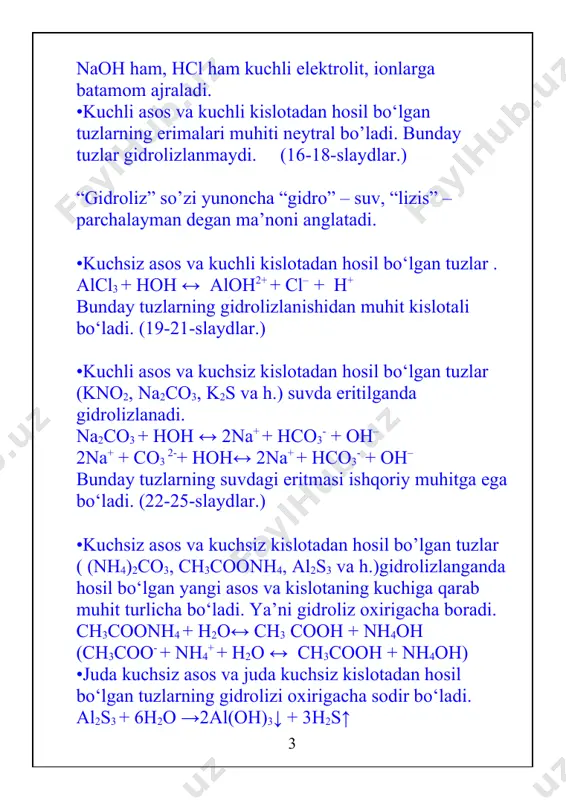 rolizlanish jarayoni tenglamasini yozing va hosil bo’lgan eritma muhitini aniqlang. zncl2 + hoh = k2so3 + hoh = na2so4 + hoh = topshiriqni to’gri bajargan o’quvchilar 4-imkoniyatdan ham 1ballni qolga kiritgan bo’ladilar. mustaqil ish (jadvalni to’ldiring). (31-32-slayd.) tuzning nomi gidroliz jarayoni muhiti lakmus qog’oz rangi kaliy karbonat co3 2-+ hoh↔ hco3- + oh– k2co3 + hoh ↔ khco3 + koh temir (ii) nitrat fe2+ + hoh↔ feoh+ + h+ fe(no3)2 +h2o ↔ feohno3 + hno3 bariy xlorid ba2+ + 2cl- + hoh ↔ ba2+ + 2cl- + hoh bacl2 + h2o =? o’quvchilar topshiriqni qanday bajarganligini ekrandagi to’g’ri javob bilan tekshiradi. (o’quvchilar ishi tekshiriladi va to’g’ri bajargan o’quvchi 5 - imkoniyatdan to’g’ri foydalangan bo’ladi.) v. yakunlash. xulosalash. biz bugun sizlar bilan tuzlarning gidrolizi tuz va suv orasida boradigan jarayonni o’rganib oldik.. tuzlar gidrolizini kundalik hayotimizda ham doimo uchratib turar ekanmiz, shuning uchun aytamizki: tabiat sirlarin o’rganar kimyo, kimyoni sevib o’qing …