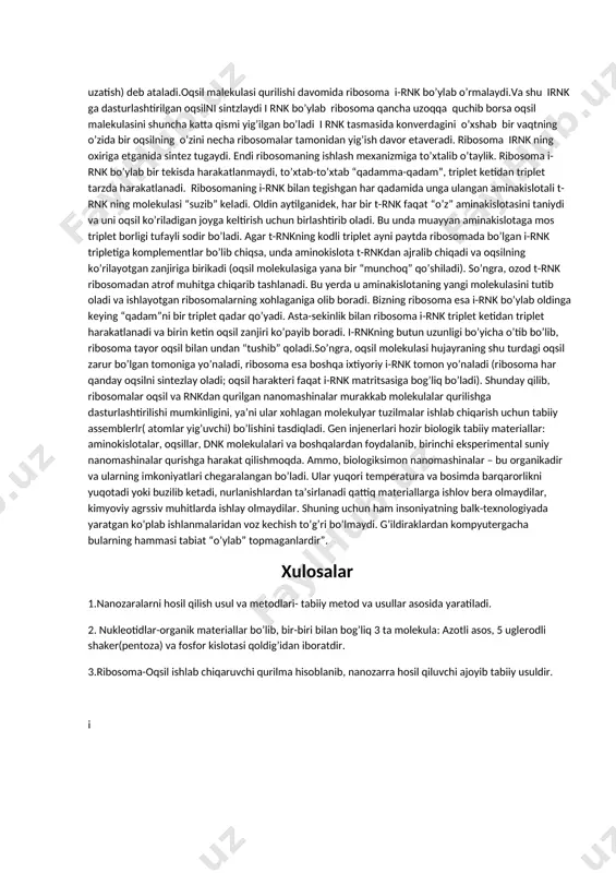 rgani kabi. barcha oqsillar sintezi uchun matritsa bo’lgan dnk malekulasining o’zi sintezlash jarayonida ishtirok etmaydi. u faqatgina ginetik malumotlarni tashuvchidir. oqsil sintezida uning tuzulishi xaqidagi malumot avval dnk dan ribosoma malekulasiga- oqsil ishlab chiqaruvchi. o’ziga xos fabrikaga yetkaziladi. bunday malumotlarni ko’chirish infarmatsion rnk ( t-rnk, t-ribonuklein kislotasi )malekulasi yordamida amalga oshiriladi, u dnkning bir qismining nushasi, oynadagi aksidir. i- rnk esa dnk malekulsi bir ipi bilan komplementlar bo’lgan bir zanjirli sipiral. dnkdan rnkga genetic malumotlarni nusxalash jaroyoni transkipsiya ( lotin ‘’ transsriptio’’ – ko’chirib yozish ) deb ataladi. ko’chirib yozish jarayonida mahsus ferment polimeraza dnk bo’ylab harakatlanib ketma- ket ravishda uning nukleolidlarini o’qiydi va komplementarlik pirinsipi bo’yicha i-rnk zanjirini hosil qiladi,yani dnk dan u yoki bu gen chizmasini oladi. har bir genda xoxlagan sondagi rnd nusxalari olish mumkun.shunday qilib, oqsil sintezi jarayonida i-rnk perfokarta rolini bajaradi, unga aniq bir oqsil qurilishi dasturi yozilgan bo’ladi.perfokarta eski hisoblash mashinalarida dastur yozish uchun …