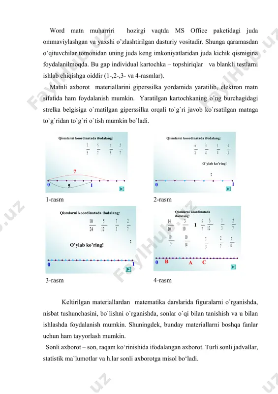 am foydalanish mumkin. yaratilgan kartochkaning o`ng burchagidagi strelka belgisiga o`rnatilgan giperssilka orqali to`g`ri javob ko`rsatilgan matnga to`g`ridan to`g`ri o`tish mumkin bo`ladi. 1-rasm 2-rasm 3-rasm 4-rasm keltirilgan materiallardan matematika darslarida figuralarni o`rganishda, nisbat tushunchasini, bo`lishni o`rganishda, sonlar o`qi bilan tanishish va u bilan ishlashda foydalanish mumkin. shuningdek, bunday materiallarni boshqa fanlar uchun ham tayyorlash mumkin. sonli axborot – son, raqam ko‘rinishida ifodalangan axborot. turli sonli jadvallar, statistik ma`lumotlar va h.lar sonli axborotga misol bo‘ladi. ma`lumotlar lazer disklarda, maxsus qurilmalarda (fleshka va b.) saqlanadi. hozirgi kunda axborotni saqlash usullari tez rivojlanib bormoqda. kod – axborotni ma`lum qilish uchun ishlatiladigan belgilar to‘plami. axborotni kodlashtirish – axborot shaklini bevosita ishlatish uchun qulay shakldan uzatishga, saqlashga, avtomatik ravishda qayta ishlashga mos kodlar orqali ifodalashdir. asliga qaytarish esa dekodirovanie deyiladi. masalan, biz fikrlarimizni bayon qilish uchun o‘zbek tili degan koddan foydalanamiz. yozma axborot almashishda esa kodning yozuv shaklini ishlatamiz. haydovchi mashina signali orqali yoki, faralarini o‘chirib …