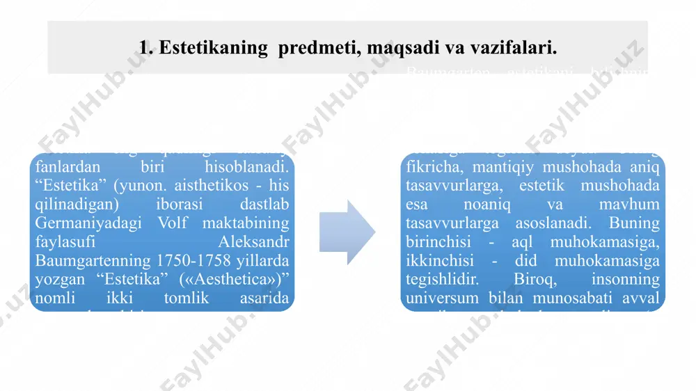 uloqotda estetik munosabatni to‘g‘ri yo‘naltirish, sog‘lom turmush tarzi bilan bog‘liq jarayonlarning estetik xususiyatlarini to‘laqonli aks ettirish va ilmiy asoslash yoshlarda estetik boy dunyoqarashni hosil qilish, ularning estetik madaniyatini va ijodiy fikrlashlarini shakllantirish estetika fan sifatida ilmiy, ma’rifiy, badiiy taraqqiyotning o‘ziga xos muammolari doirasida bahs yuritadi, tahlil qiladi, o‘rganadi va o‘rgatadi. dunyoqarashni shakllantirish funksiyasi bilish funksiyasi metodologik funksiyasi yaratuvchanlik funksiyasi estetikaning eng asosiy funksiyalari estetika tamoyillari uyg‘unlik yaxlitlik ifodalilik maqsadga muvofiqlik estetika qonunlari estetik faoliyat qonuni badiiy ijod qonuni badiiy jarayon qonuni badiiy idrok qonuni estetik idrok qonuni estetik ongning elementlari estetik his-tuyg‘u estetik did estetik baho estetik ideal yoki estetik orzu estetik nazariya (qаrаshlаr, tа`limоtlаr vа konsepsiyalar) estetik his-tuyg‘u. estetik his-tuyg‘u — insonning voqelikka, kishilarga, o‘z faoliyatiga nisbatan munosabatdir. bu tuyg‘u bizni o‘rab turgan voqelikni estetik jihatdan his etish qobiliyatidir, uning go‘zalligini, uyg‘unligini sezishdir. estetik did. estetik did voqea- hodisalarning estetik sifatlarini inson tomonidan idrok etmoq va baholamoq jarayonida olinadigan …