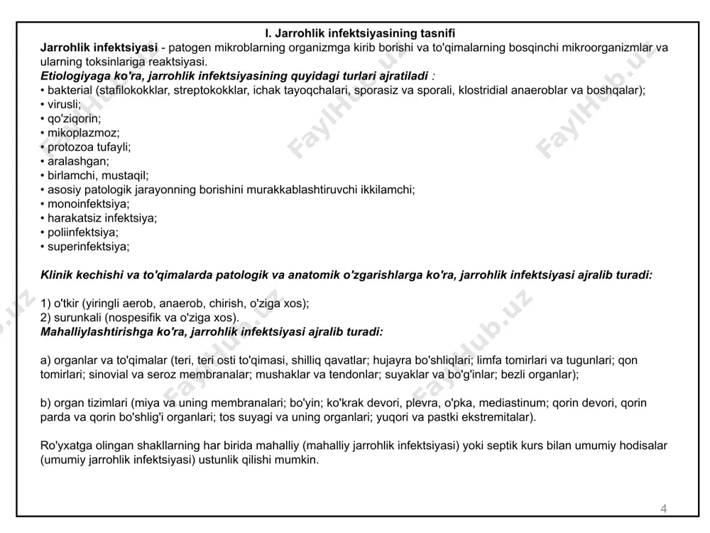 mintaqaviy limfa tugunlari kattalashadi. organizmning bakteriyalarning kirib kelishiga reaktsiyasi bakteriyalarning turiga, virulentligiga va massivligiga, asosan yallig'lanish jarayoni rivojlanadigan o'choqning anatomik va fiziologik xususiyatlariga va tananing holatiga (yosh, ovqatlanish, qarshilik, sezuvchanlik). yallig'lanish reaktsiyasi mahalliy belgilar bilan namoyon bo'ladi: qizarish (rubor); shish (o'sma); og'riq (dolor); harorat ko'tarilishi (kaloriya); disfunktsiya (functio laesa). 5 iv. mahalliy aerob jarrohlik infektsiyasining turlari 6 yallig'lanishning umumiy belgilari . umumiy yallig'lanishning klinik ko'rinishi haroratning 37 dan 40 ° c gacha ko'tarilishi, titroq, zaiflik, bosh og'rig'i va bosh aylanishi, ko'ngil aynishi va qayt qilishdir. yuqori intoksikatsiya bilan quruq og'iz, tashnalik, tez-tez yuzaki nafas olish, yurak urish tezligining oshishi, qon bosimining pasayishi, tartibsizlik yoki ongni yo'qotish, jigar va buyraklar faoliyatining buzilishi kuzatiladi. qonda gemoglobin darajasi, eritrotsitlar soni kamayadi va leykotsitlar soni 25 000 - 30 000 gacha ko'tariladi, eritrotsitlar cho'kindi jinsi (esr) keskin oshadi, leykotsitlar formulasining chapga siljishi qayd etiladi. qon plazmasida globulinlar ulushi ortadi va albuminlar miqdori kamayadi. siydikda …