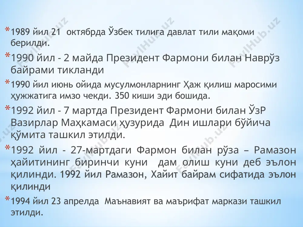 такомиллаштириш чора-тадбирлари тўғрисида”ги президент фармони эълон қилинди. 2019 йил хумо спорт саройи ишга тушган 2021 йил 6 апрелда туризм ва спортни ривожлантириш 1991 йил – алишер навоий йили 1992- ҳамширалар йили 1993 – аҳмад яссавий йили 1994 - мирзо улуғбек йили 1995 – ибн сино йили 1996- амир темур йили мамлакатимизда йилларнинг номланиши инсон манфаатлари йили оила йили аёллар йили обод маҳалла йили қарияларни қадрлаш йили она ва бола йили соғлом авлод йили меҳр-мурувват йили сиҳат-саломатлик йили ёшлар йили ижтимоий ҳимоя йили ҳомийлар ва шифокорлар йили баркамол авлод йили қишлоқ тараққиёти ва фаровонлиги йили 1997 йил 1998 йил 1999 йил 2003 йил 2002 йил 2001 йил 2000 йил 2004 йил 2005 йил 2008 йил 2007 йил 2006 йил 2010 йил 2009 йил 2011 йил – кичик бизнес ва хусусий тадбиркорлик йили 2012 йил – мустаҳкам оила йили 2013 йил – обод турмуш йили 2014 йил – соғлом бола йили 2015 …