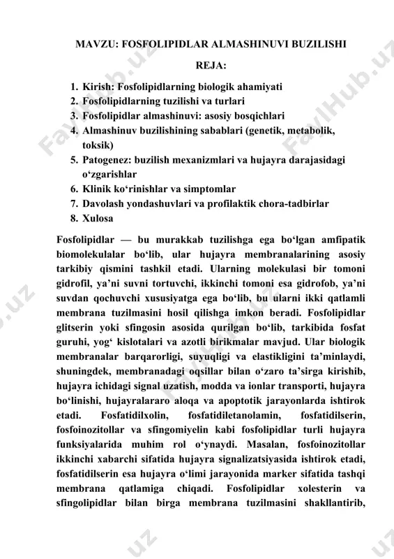 m keng tarqalgan bo‘lib, ularning shakli va funksiyasini belgilaydi. shuningdek, fosfolipidlar ko‘plab transport oqsillarining stabilligini ta’minlaydi, fermentlar faolligini tartibga soladi va hujayra ichidagi metabolik jarayonlarga bevosita ta’sir ko‘rsatadi. ular immun javobda, nerv impulslarini uzatishda, gormonlar va mediatorlar signalini qabul qilishda ham ishtirok etadi. shu sababli fosfolipidlarning biologik ahamiyati hujayra darajasida ham, butun organizm miqyosida ham juda katta bo‘lib, ularning almashinuvi buzilishi turli kasalliklarning, ayniqsa asab tizimi, yurak-qon tomir tizimi, jigar va buyrak faoliyatining buzilishi bilan bog‘liq patologik holatlarning rivojlanishiga zamin yaratadi. fosfolipidlar murakkab tuzilishga ega bo‘lgan amfipatik biomolekulalar bo‘lib, ularning asosiy skeleti glitserin yoki sfingosin molekulasidan tashkil topgan. glitserofosfolipidlar tarkibida glitserin 3-fosfat asos bo‘lib xizmat qiladi, unga ikki yog‘ kislota zanjiri va fosfat guruhi biriktirilgan bo‘ladi. fosfat guruhiga esa turli qutbli molekulalar — xolin, etanolamin, serin, inozitol kabi birikmalar ulanadi. bu qutbli boshlar molekulani gidrofil xususiyatga ega qiladi, yog‘ kislotalari esa gidrofob dumlar sifatida membrana ichida joylashadi. sfingofosfolipidlar esa sfingosin …