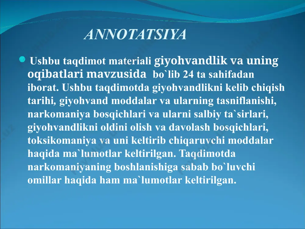 ar toifasiga quyidagilarni kiritdi: alkogol - barbiturat moddalar tipi: etil spirti, barbituratlar, sedativ - meprobronat, xloralьgid va boshqalar. amfetamin tipidagi moddalar: anfetamin, fenmetrazin. kannabis tipidagi moddalar: marixuana, gashish. kokain tipidagi: kokain, koka barglari. gallyutsinogen moddalar: lsd, meskalin. kata tipidagi moddalar. opiada tipidagi: morfin, geroin, kofein, metdon. efir suyuqliklari tipidagi moddalar: toluol, atseton, tetroxlormetan. qodirjon ro’ziyevning ‘’valeologiya asoslari’’ kitobida narkomaniyani quyidagicha tasniflaydi: tabiiy va sun’iy morfin va morfin guruhiga kiruvchi vositalar tibbiyotda qo’llaniluvchi ayrim tinchlantiruvchi, uxlatuvchi, surgi dorilari ichkilikbozlik – alkogolizm. bunda asosiy ta’sir etuvchi modda etil spirti (alkogol) hisoblanadi nikotin va kannabiollar o’simliklardan – tamaki, ko’knori, nasha, kanop, koka o’simligi; preparatlardan – papiroslar, tamaki, sigaretalar, nosvoy, marixuana, plan, xek, lcd va boshqa yangi kimyoviy – sintetik, zaharli o’ziga o’rgatib qo’yuvchi va kayf keltirib chiqaruvchi moddalar aroqlar, kon’yaklar, brendi, rom, vinolar, portveynlar, viski, musallas, shampan vinosi, pivo va boshqa tarkibida alkogol tutuvchi ichimliklar. valeriana, sibazon, eunoktin, fenozepam va boshqalar , barbiturat …