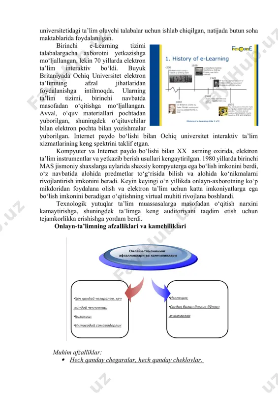 a talabalarga o‘zg‘o‘zini tekshirish imkonini beradi. keyin 1954 yilda garvard universiteti professori skinner maktablarga o‘z o‘quvchilarni o‘qitishni boshqarish imkonini beradigan “trenajyor” atamasini kiritidi. 1960 yilda birinchi o‘qituvchi kompyuter dasturi taklif etilgan. dastlab u illinoys shtati universitetidagi ta’lim oluvchi talabalar uchun ishlab chiqilgan, natijada butun soha maktablarida foydalanilgan. birinchi e-learning tizimi talabalargacha axborotni yetkazishga mo‘ljallangan, lekin 70 yillarda elektron ta’lim interaktiv bo‘ldi. buyuk britaniyada ochiq universitet elektron ta’limning afzal jihatlaridan foydalanishga intilmoqda. ularning ta’lim tizimi, birinchi navbatda masofadan o‘qitishga mo‘ljallangan. avval, o‘quv materiallari pochtadan yuborilgan, shuningdek o‘qituvchilar bilan elektron pochta bilan yozishmalar yuborilgan. internet paydo bo‘lishi bilan ochiq universitet interaktiv ta’lim xizmatlarining keng spektrini taklif etgan. kompyuter va internet paydo bo‘lishi bilan xx asrning oxirida, elektron ta’lim instrumentlar va yetkazib berish usullari kengaytirilgan. 1980 yillarda birinchi mas jismoniy shaxslarga uylarida shaxsiy kompyuterga ega bo‘lish imkonini berdi, o‘z navbatida alohida predmetlar to‘g‘risida bilish va alohida ko‘nikmalarni rivojlantirish imkonini beradi. keyin keyingi o‘n …