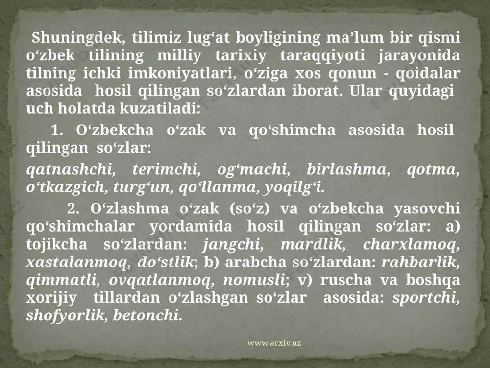 agrotexnika, kosmos, radio, televizor, vrach, bank, telefon va boshqalar. tilimiz, aynan o‘zlashtirilgan so‘zlardan tashqari kalkalash (tarjima qilish) orqali ham boshqa tillar bilan munosabatda bo‘lib turadi. masalan: nadstroyka - ustqurma, vozzreniye - dunyoqarash, vzglyad - nigoh kabilar shular jumlasidandir www.arxiv.uz 1-§. dialektizmlar. ma’lum bir hududda yashovchi kishilar nutqida ishlatiladigan, adabiy til leksikasiga kirmaydigan so‘zlar dialektizmlar deyiladi. dealektizmlarning adabiy tilga xos me’yoriy so‘zlardan farqlari quyidagicha: a) leksik-semantik dialektizmlar. adabiy tilda o‘z shakldoshiga ega, biroq ma’no jihatdan farqlanadigan dialektizmlar: qalin - adabiy tilda: qiz uzatishda kuyov tomonidan beriladigan mablag‘, shevada: gilam turi; g‘ayir- adabiy tilda: rashkchi kishi, shevada: qopag‘on it. b) leksik dialektizmlar. muayyan dialekt vakillari tilida qo‘llanilib, adabiy tilda uchramaydigan so‘zlar: ko‘ma-yerto‘la, makka - sho‘x, bichqi - qo‘l arra, shoti, zangi-narvon kabilar. v) fonetik dialektizmlar. adabiy tildan fonetik jihatdan farqlanadigan so‘zlar: suvoq - shuvoq, yurmoq - jurmoq, kelmoq - galmoq. g) grammatik dialektizmlar. adabiy tildagi grammatik shakllaridan farqlanadigan so‘zlar: kelutti - kelyapti, …