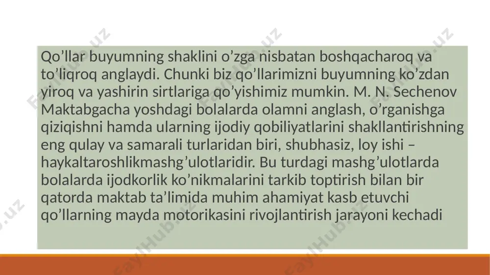 i doimo o‘zgarib turadi. cho‘zish – sharikning bir qismi cho‘ziladi. surish (yamash) buyumning ayrim qismlarini o‘zaro biriktirish. kombinatsiyalashgan uslub bu uslub ikkita uslubni o‘z ichiga oladi: konstruksiyalash va haykaltaroshlik uslublaridir. bola hayotining 6-chi yilida uning tevarakatrof haqidagi bilimlari, turmush tajribasi kengaya boradi. uning qo‘l muskullari mustahkamlanib taraqqiy etadi. u ko‘l barmoqlari bilan nozik harakatlarni bajara oladigan bo‘ladi. uning psixikasida ham sifat o‘zgarishi yuz beradi. xotirasi o‘sadi, barqaror bo‘ladi, diqqat ham tobora barqaror bo‘ladi. bolalar oldin predmetni yasashda uning qismlarini va qismlarning shakli, uning xususiyatlarini aniq tasavvur eta oladilar. modellashtirish texnikasi turli va rang- barang bo‘lib, shu bilan birga kichik yoshdagi bolalar ham bajara olish imkoniyatiga egadirlar. fazoviy tasvirlarni modellashtirishda plastik materiallardan narsalarni yasash ajoyib imkoniyatlarni beradi. image2.emf image3.emf image4.emf image5.emf image6.emf image7.emf konstruktiv uslub modellashtirishning bu uslubi konstruktor qismlaridan kabi alohida qismlardan yaratiladi (nomi ham shundan kelib chiqqan). тarbiyachi dastavval bolalarning diqqatini o‘sha predmetning yirik qismlariga, uning mayda qismlariga, shakliga, …