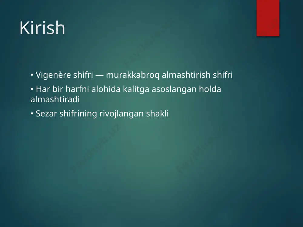 26 = [45, 54] → [19, 2] = t c 3. aes (advanced encryption standard) tavsif: bugungi kunda eng keng qo‘llaniladigan shifrlash algoritmi. ma’lumotlarni 128-bit bloklar bo‘yicha shifrlaydi. qanday ishlaydi: blokli shifrlash algoritmi. 10, 12 yoki 14 bosqichli iteratsiyalar (kalit uzunligiga qarab). har bosqichda quyidagilar amalga oshadi: subbytes, shiftrows, mixcolumns, addroundkey. xavfsizlik darajasi: juda yuqori. banklar, hukumatlar va korporatsiyalar foydalanadi. 4. rsa (rivest-shamir-adleman) tavsif: assimetrik (jamoaviy) shifrlash usuli bo‘lib, ikkita kalitdan foydalaniladi: ochiq kalit va yopiq kalit. qanday ishlaydi: katta tub sonlar tanlanadi. ochiq kalit bilan shifrlanadi, yopiq kalit bilan ochiladi. ma’lumotni raqamga aylantirib, modul eksponent asosida shifrlanadi. afzalliklari: ochiq kanalda xavfsiz ma’lumot yuborish mumkin. kamchiligi: hisoblash og‘irligi sababli aes’ga qaraganda sekin. 5. md5 / sha (xesh algoritmlari) tavsif: bu algoritmlar shifrlash emas, verifikatsiya (tekshirish) uchun ishlatiladi. ma’lumotdan unik xesh hosil qilinadi. md5: 128-bitli xesh hosil qiladi. hozir zaif deb hisoblanadi. sha-1 / sha-256 / sha-3: kuchliroq, ayniqsa sha-256 keng …