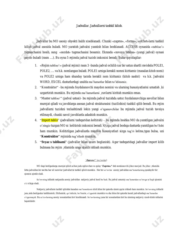 form» tanlanib kerakli moning jadvalini ko’rsatamiz (masalan, akad_su) . keyingi qadamda mavjud jadvaldan kerakli maydonlarni tanlab olishimiz mumkin.buning uchun chap tomonda joyilashgan «dostupnaya polya» ro’yxat ichidan kerakli maydon nomi tanlanadi va o’ng «sozdannaya polya» tomoniga ko’chiriladi. keyingi qadamda «viberite vneshniy vid formi » taklifidan «forma» shaklini tanlaymiz, jumladan «v odin stolbes» ko’rinishini belgilab «daleye» bosamiz. keyinga qadam «viberite trebuyemuyu stil», «forma» ko’rinishi bo’lib bizga bir nechta variantlarni taklif qiladi, jumladan «globus, yel, sumerki, oblaka va h.q. «oblaka» variantini tanlab «daleye» tugmachasini bosamiz. keyinga qadam «zadayte imya formo’» taklifi «forma»ga nom berishni so’raydi. masalan, «forma»ga kitob_su nomi berib «gotovo» tugmachasini bosamiz. tashkil qilingan «forma»ga malumotlar kiritishimiz mumkin. buning uchun moning oynasiga kirib (rasm 7) «forma» komandasini tanlab, ro’yxat ichidan kitob_su nomni tanlab «otkro’t»ga bosamiz. ekranda paydo bo’lgan «forma»ga kerakli ma’lumotlarni kiritishimiz mumkin. tashkil qilingan «forma» bilan uchta rejida ishlash mumkin, bular: «forma» rejimi, «tablisa» rejimi, «konstruktor» rejimi. rasm 6. forma( ko’rinish) …